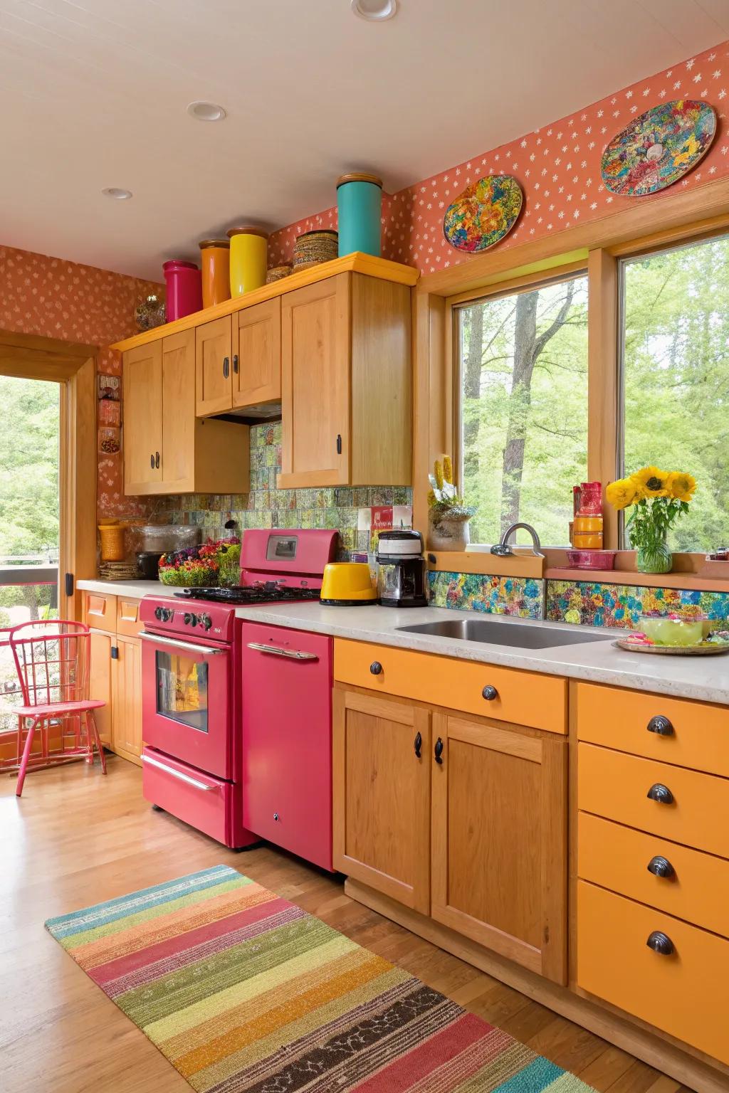 A lively cooking space with maple cabinets and vibrant color contrasts for an energetic feel.