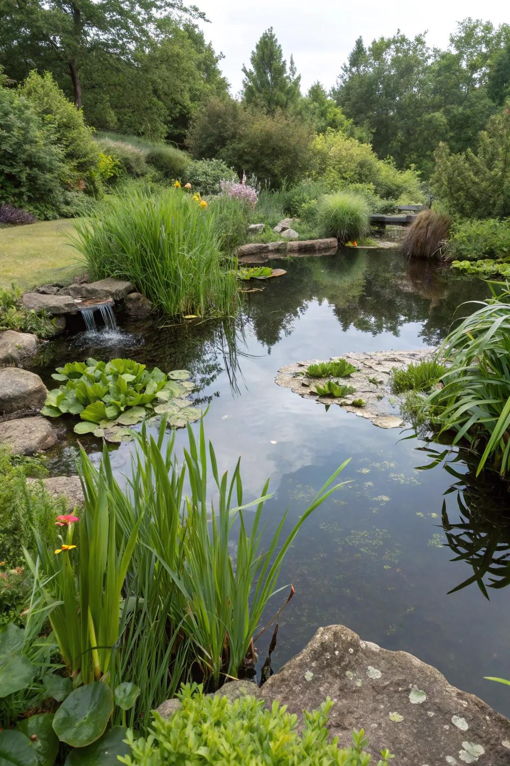 Plants act as natural cleaners for a mini pond that’s clean and clear.