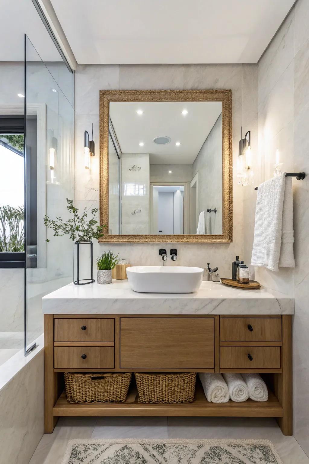 Fashionable mirrors elevate restroom aesthetics through flair.