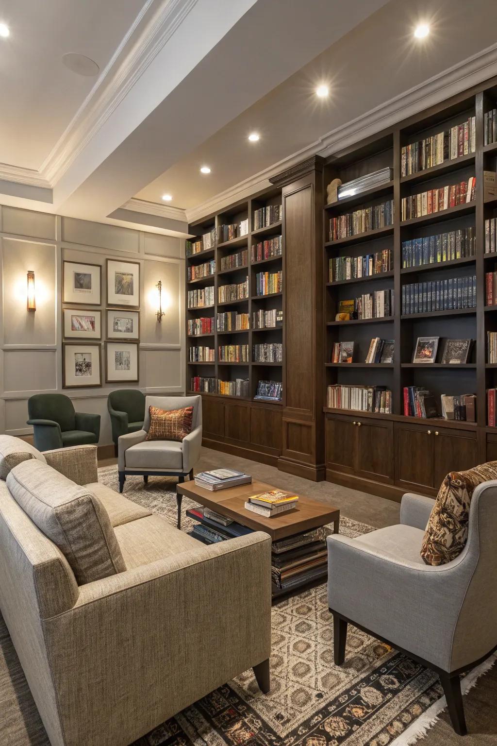 A personal library retreat in a modern flex room.