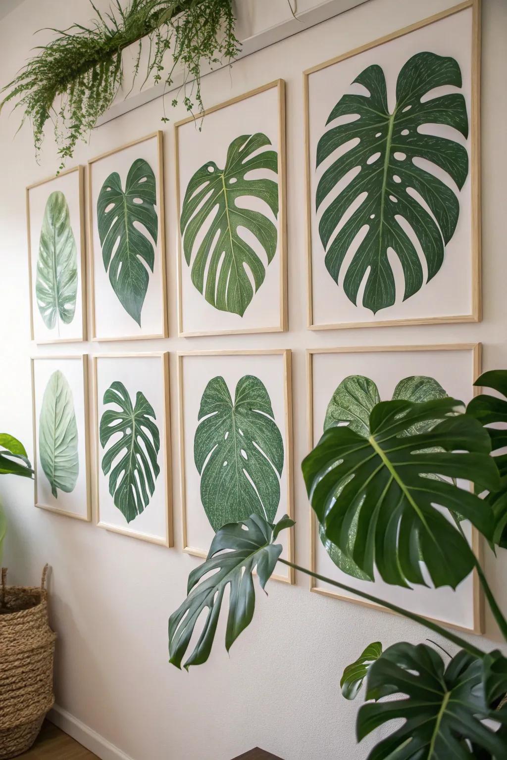 Botanical art prints featuring split-leaf philodendron fronds.