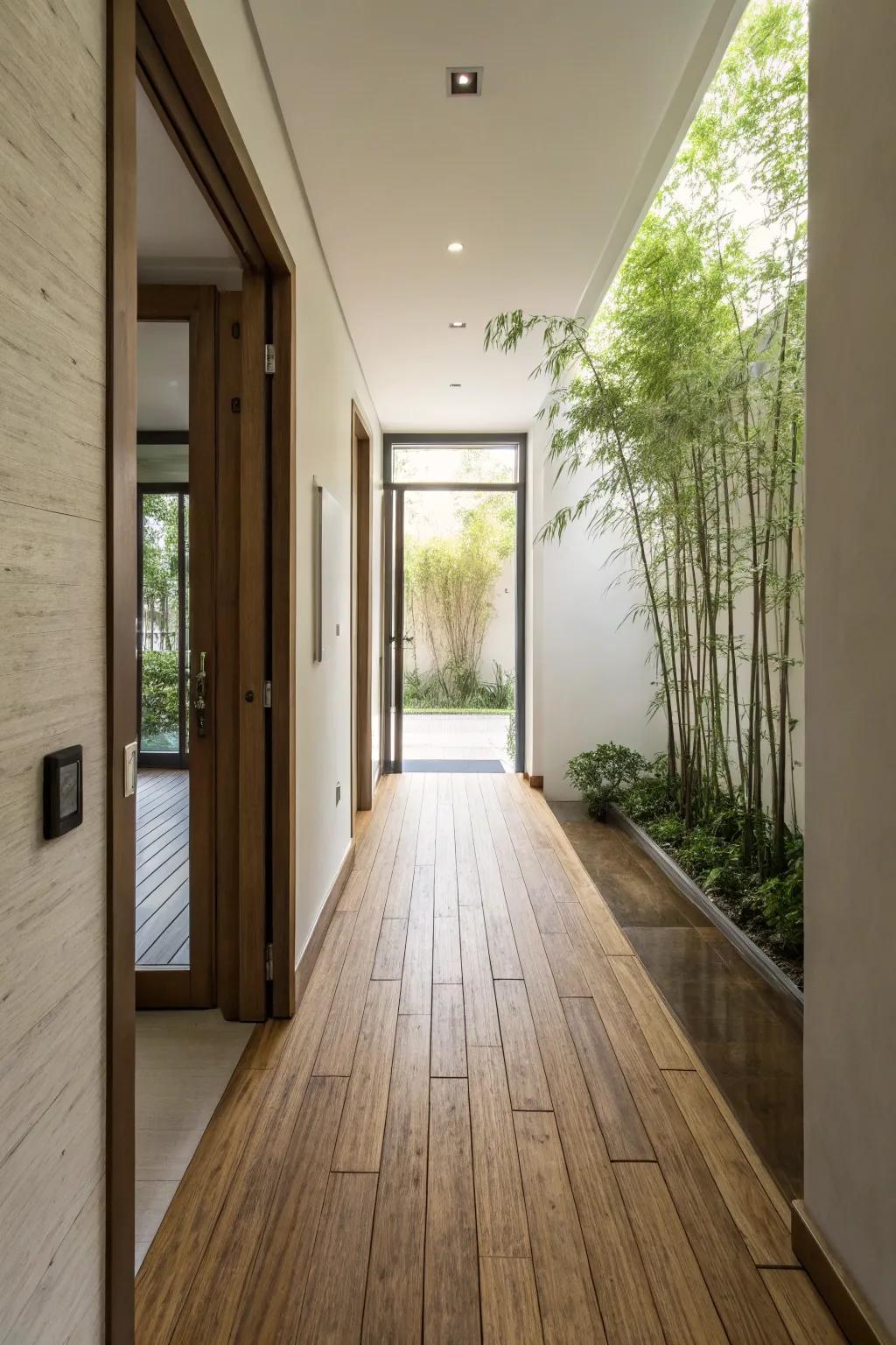 Reed flooring offers a sustainable and modern option for narrow hallways.