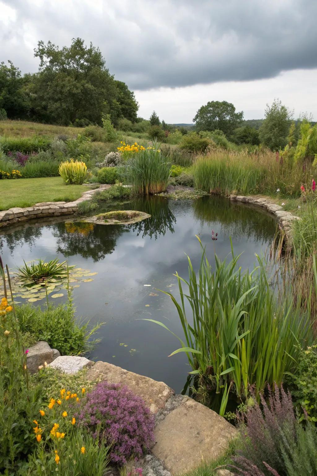 An unconventional pond form fashioning visual interest and harmony.