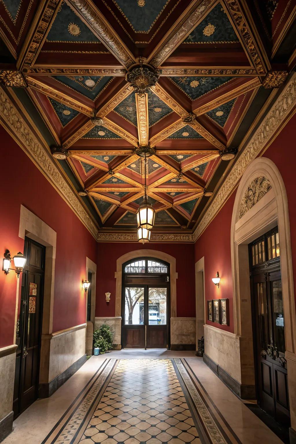 Ceiling designs inside an entrance inject depth and an unexpected element of surprise.