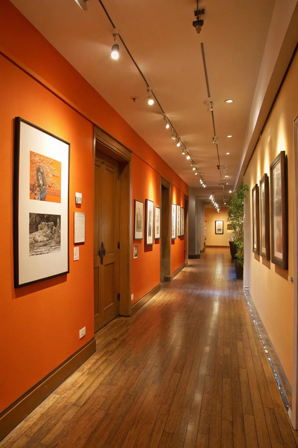 An entryway becomes an artistic haven with a tangerine-themed display.