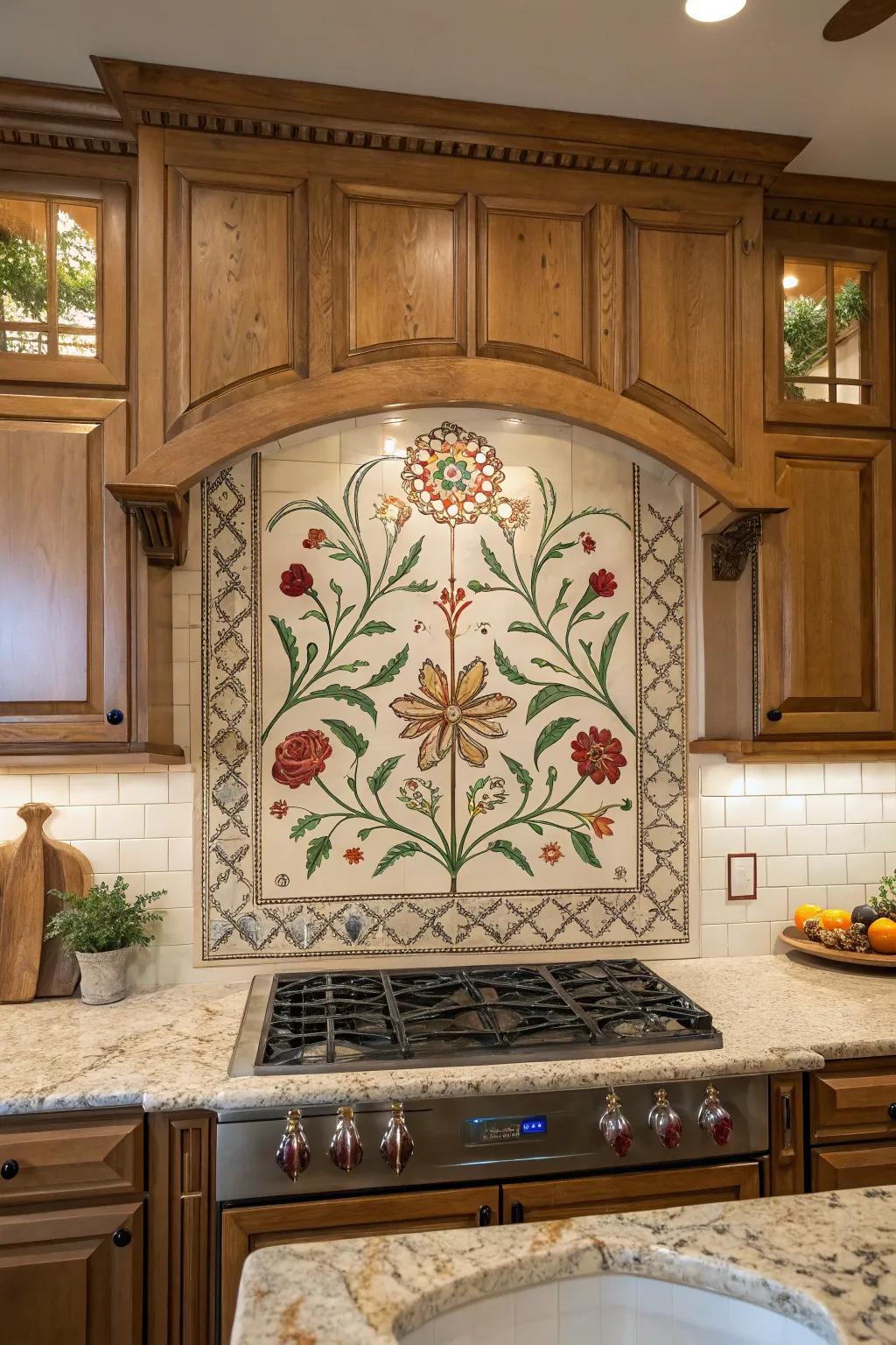 A unique wall cladding serves as an artistic highlight in the kitchen.