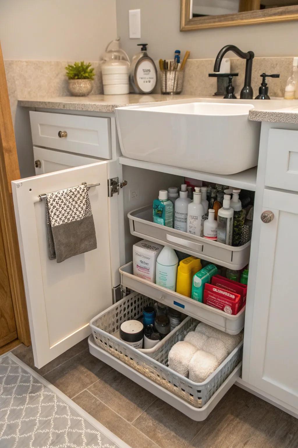 Repurposed kitchen organizers offer creative storage solutions in the bathroom.
