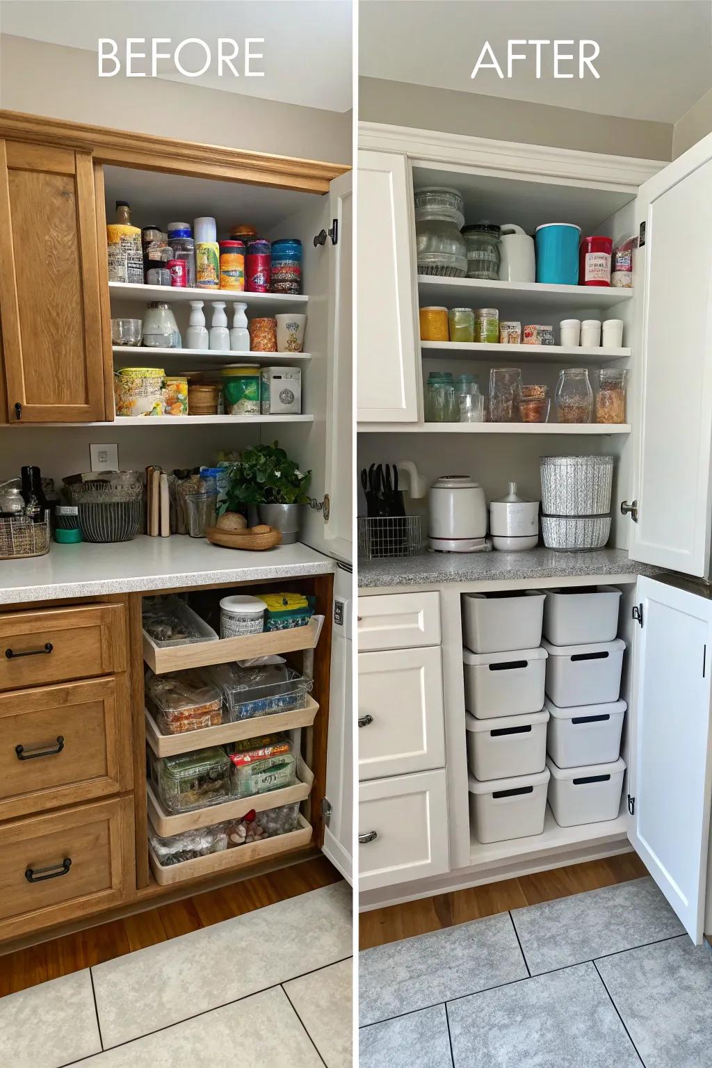 Before and after images highlight a dramatic cabinet transformation.