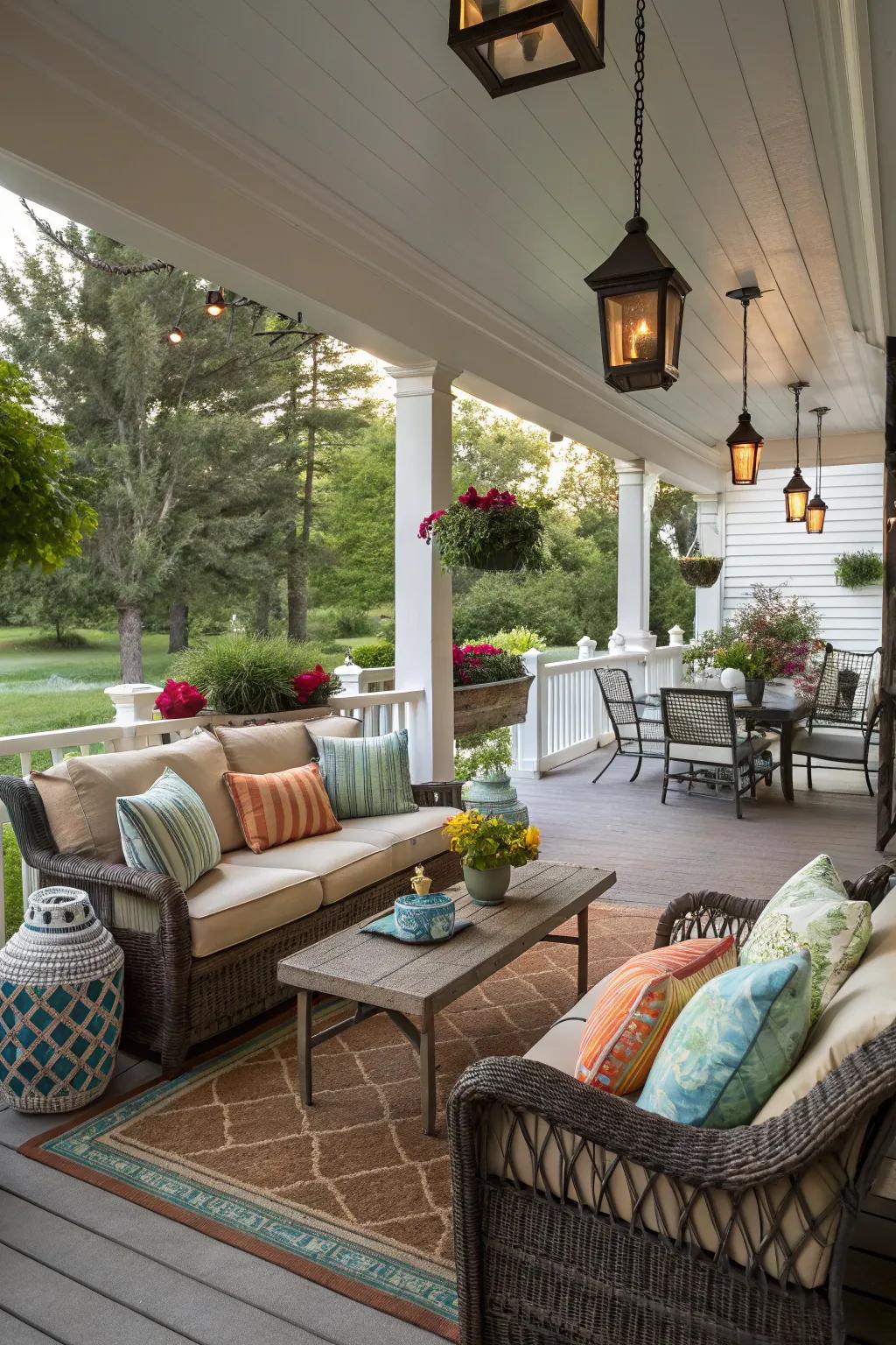 Distinct zones for lounging and dining enhance this porch's functionality.