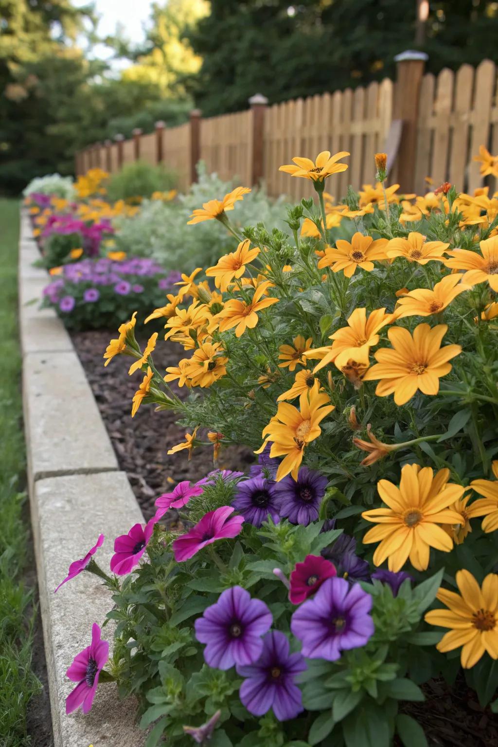 Warmth and sun-kissed hues are added to petunia gardens with bidens.