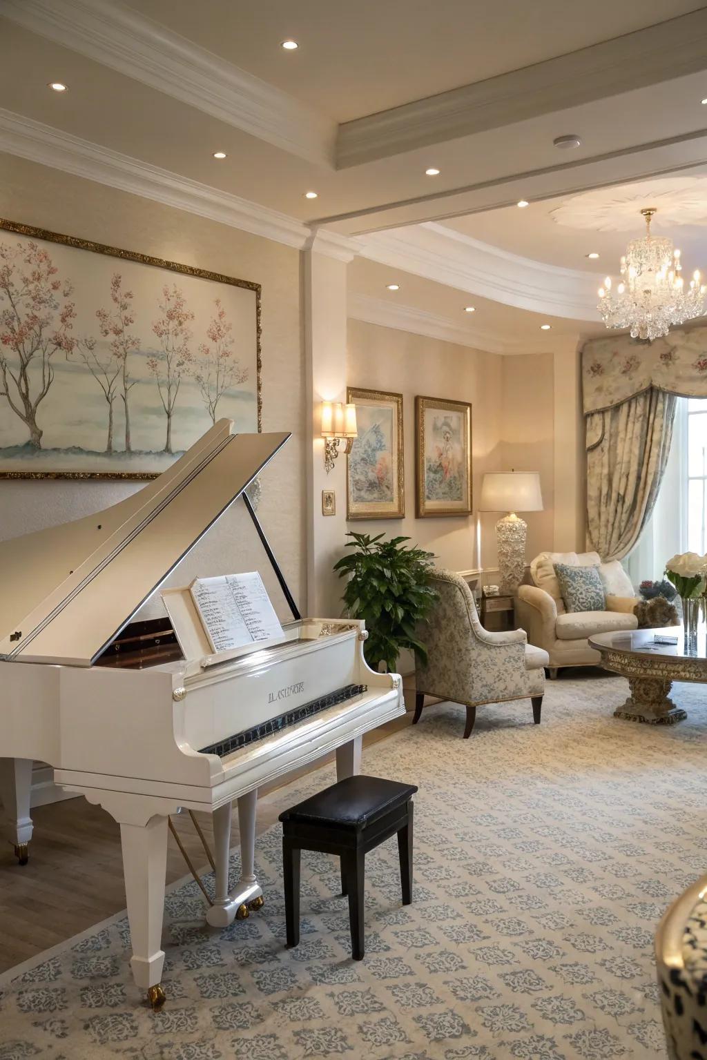 A tranquil sanctuary enhances the musical experience in the piano space.