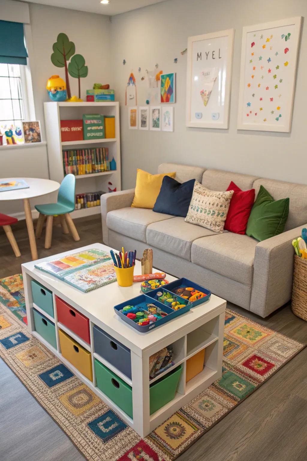 A practical playroom featuring a sofa with a built-in play table.