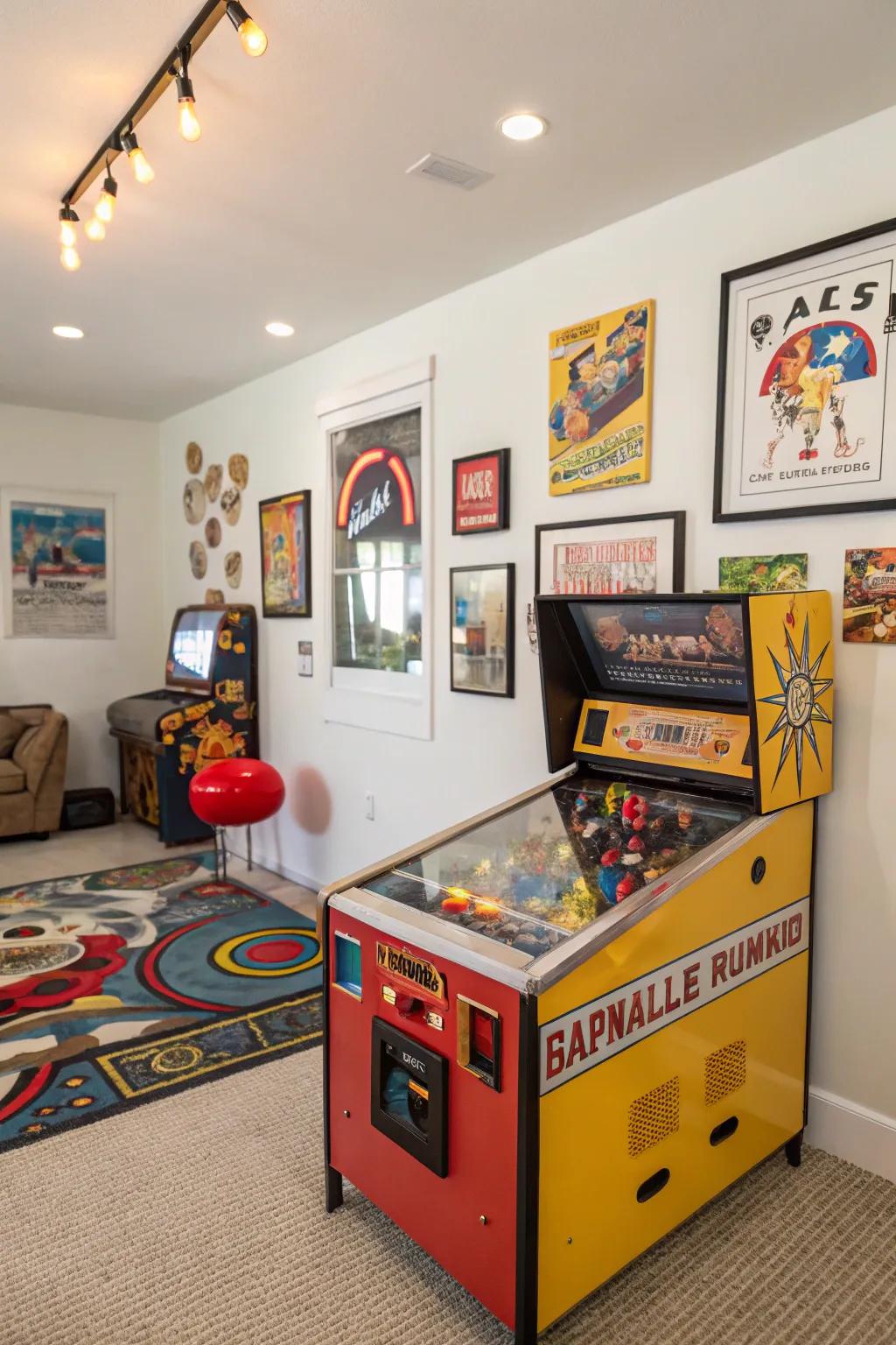 A playroom showcasing a nostalgic pinball machine.