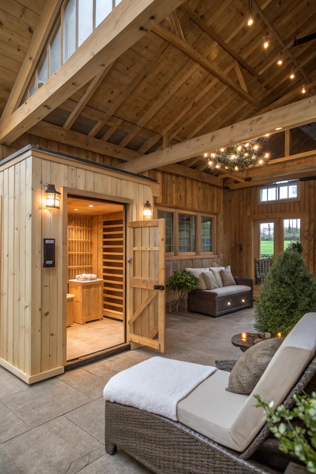 A spa retreat in a pole barn with a sauna and relaxation area.