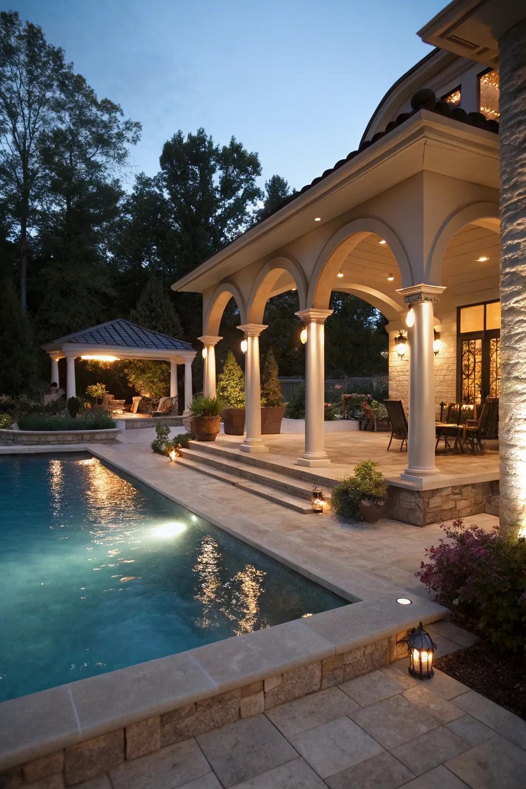 Integrated lighting ensures a smooth connection between house and pool.