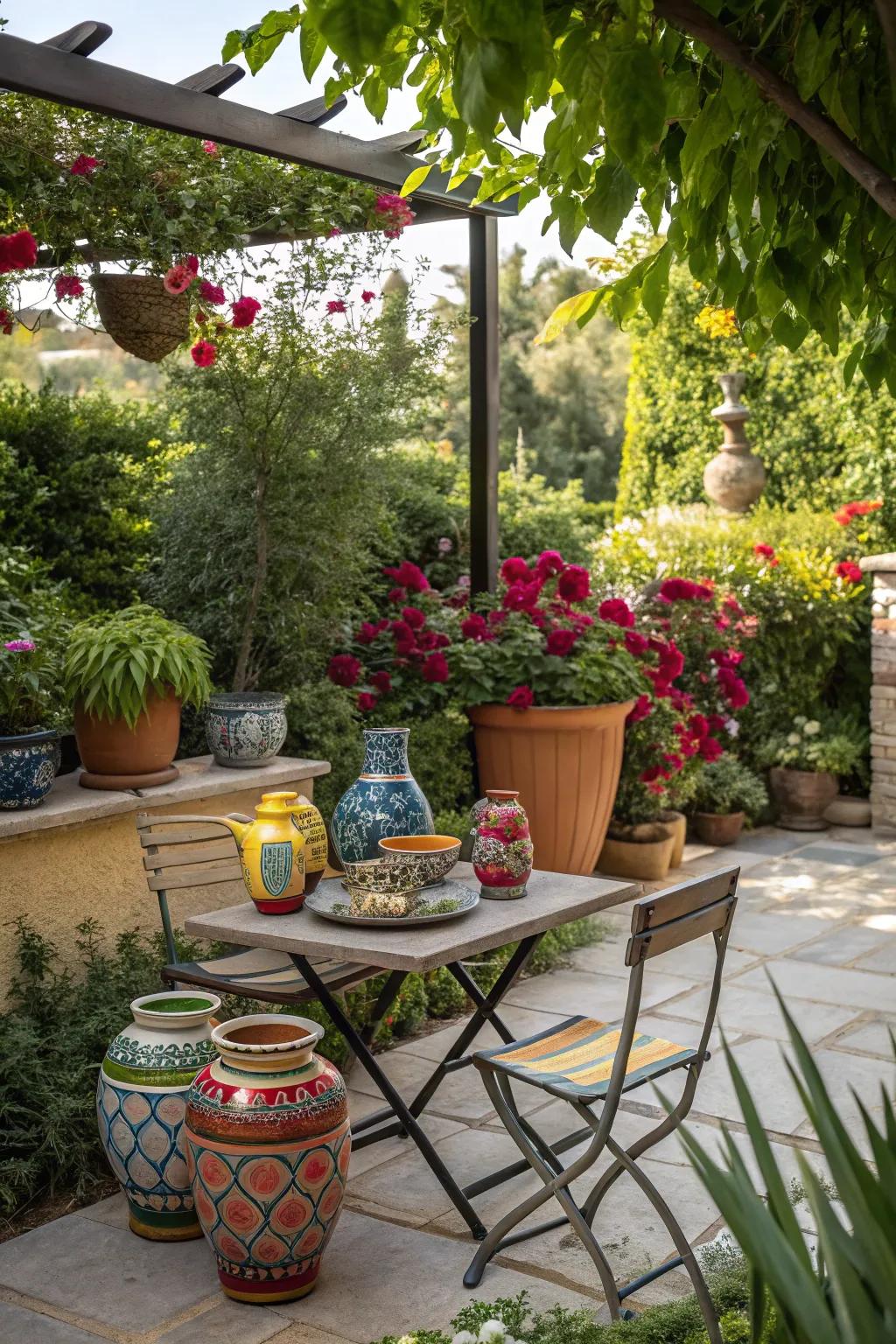 An outdoor pottery display on a patio table.