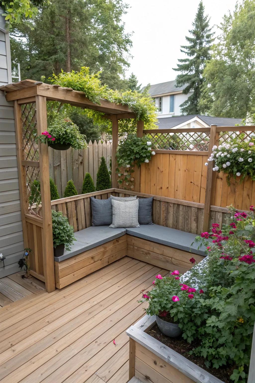 Elevated-back seating crafts a snug, private nook on a deck.