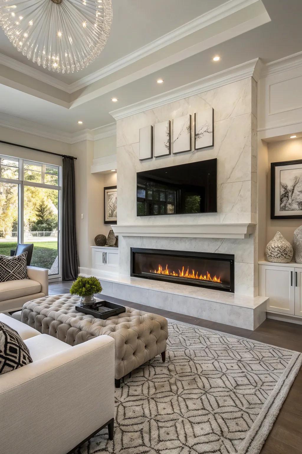A modern living area featuring a smart propane fireplace.