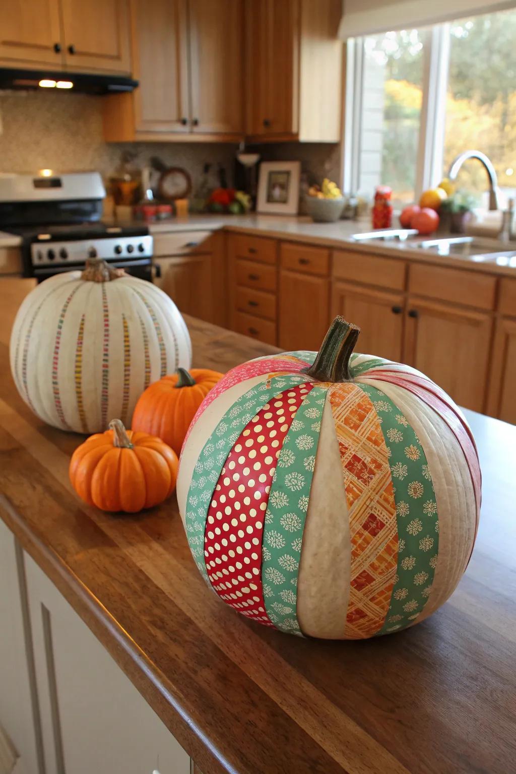 Pumpkins covered in patterned tape showcasing vibrant designs.