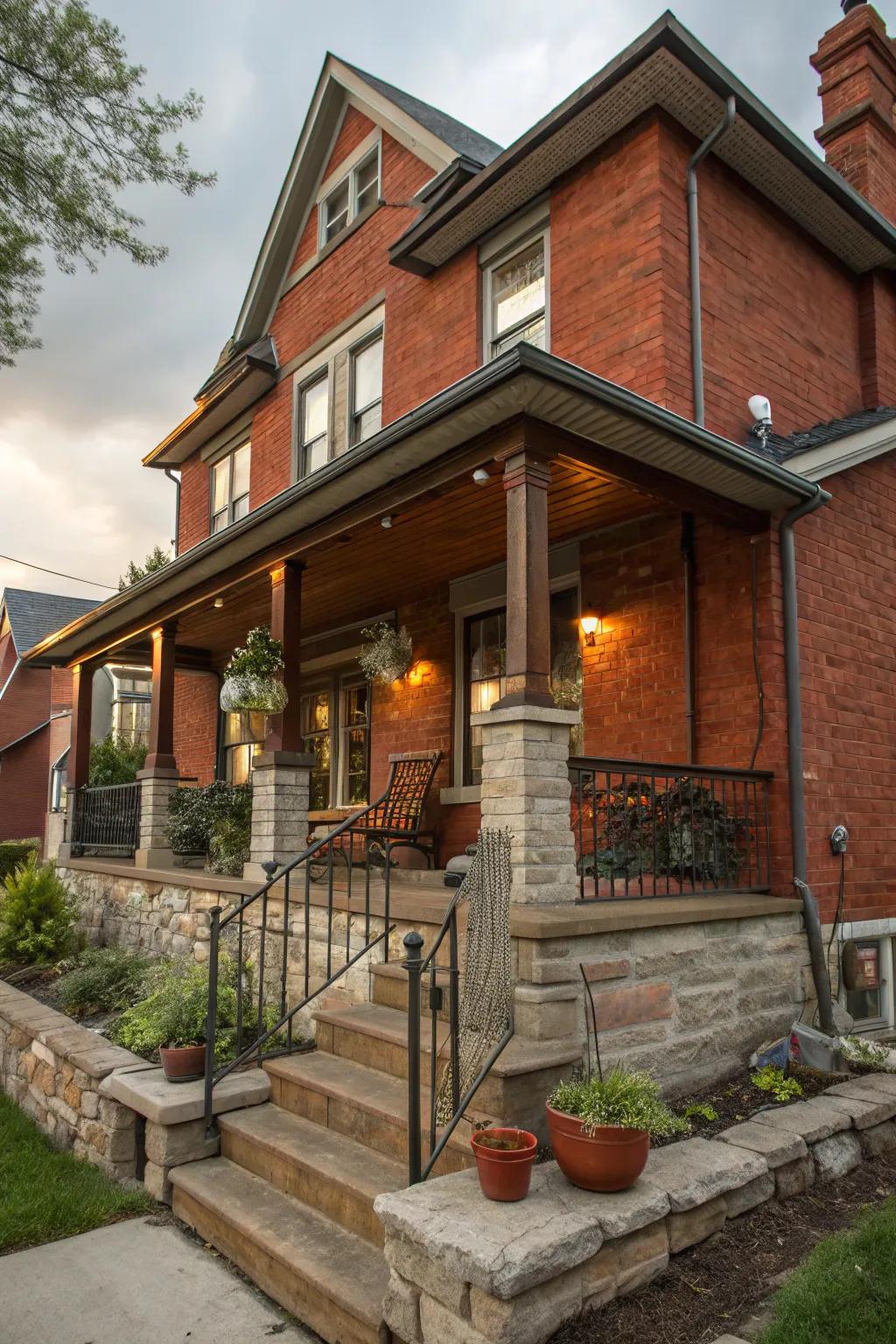 An artful texture layers adds depth and interest to this red brick porch.
