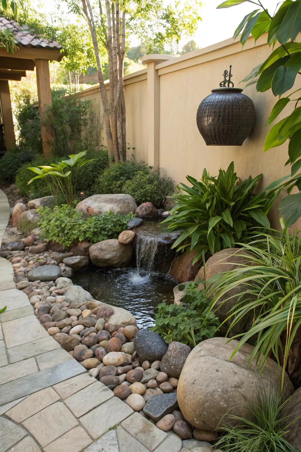 A river rock oasis transforms this small space into a lush, tranquil retreat.