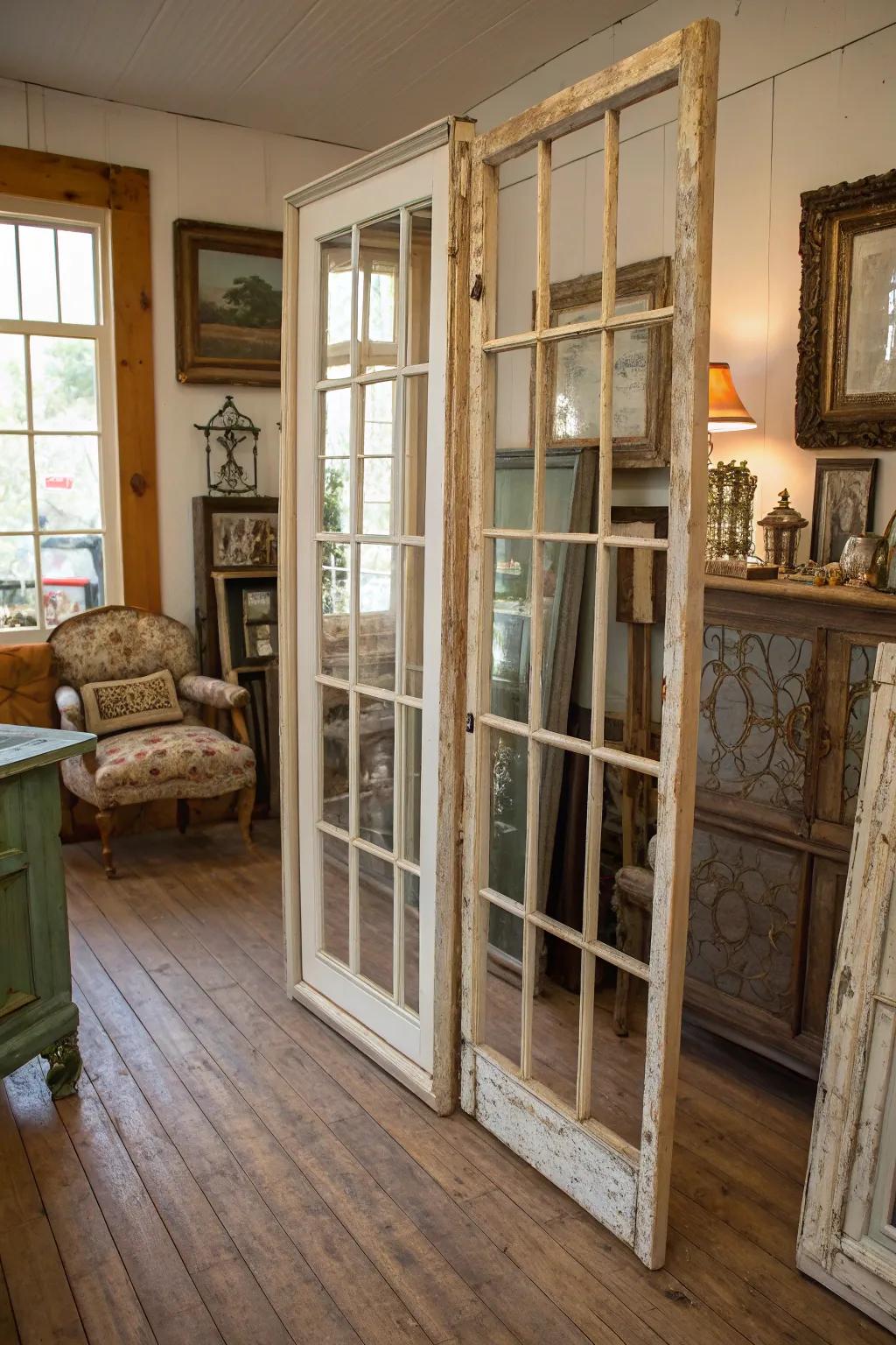 Old window frames bring vintage charm and light to your home decor.