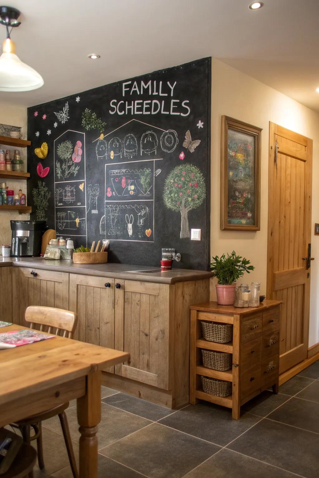 A chalkboard wall offers a fun and functional way to stay organized.