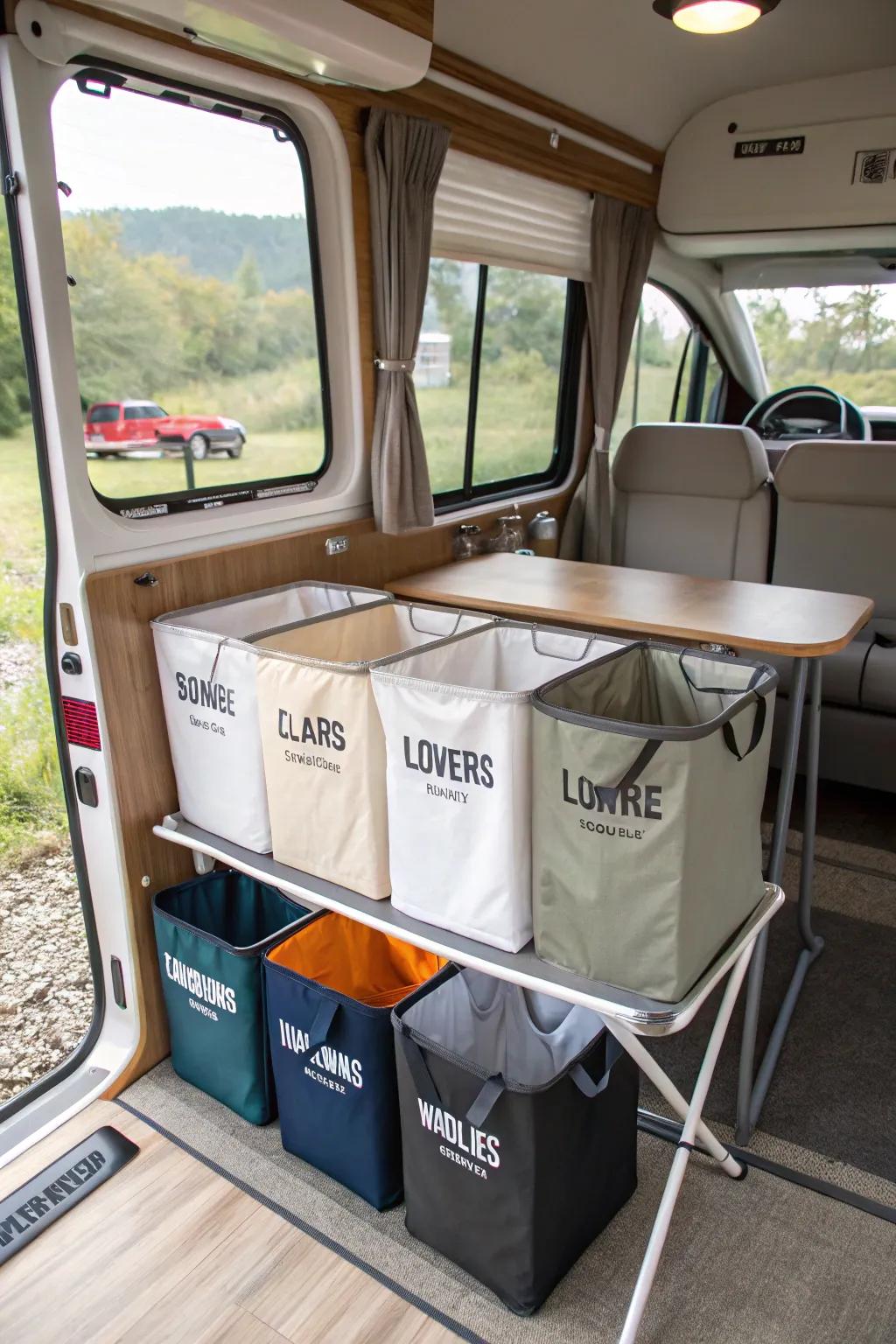 Color-coded hampers making laundry sorting a breeze in an RV.