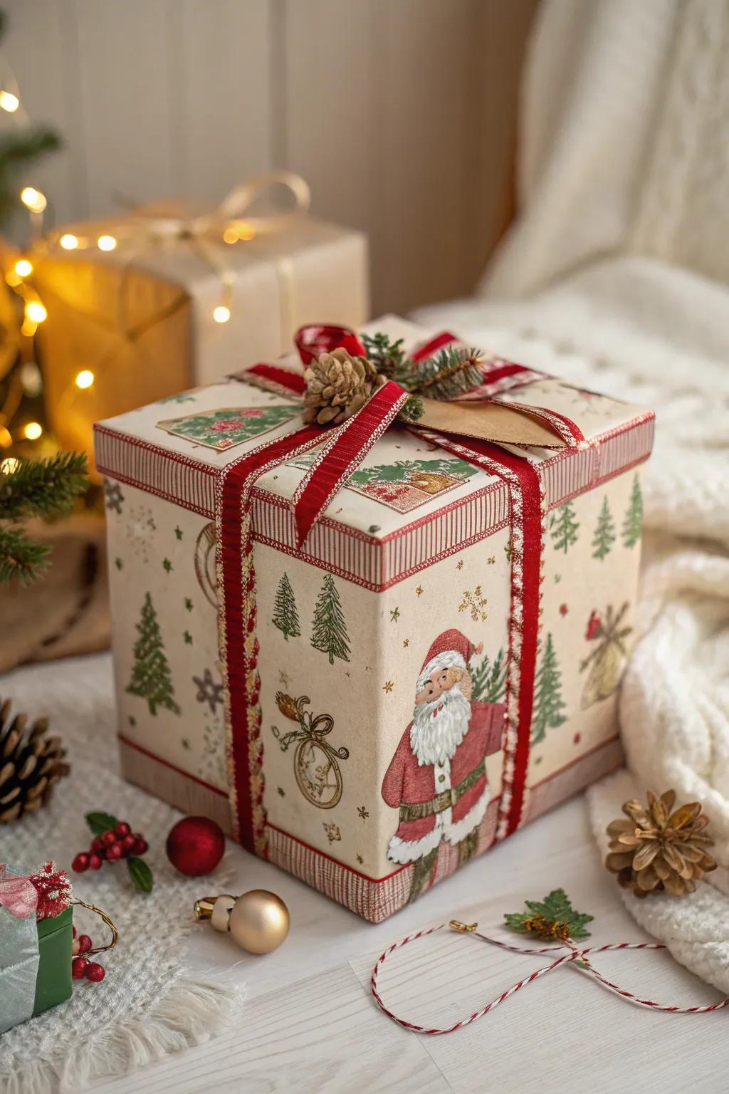 Vintage details add timeless charm to Santa’s containers.
