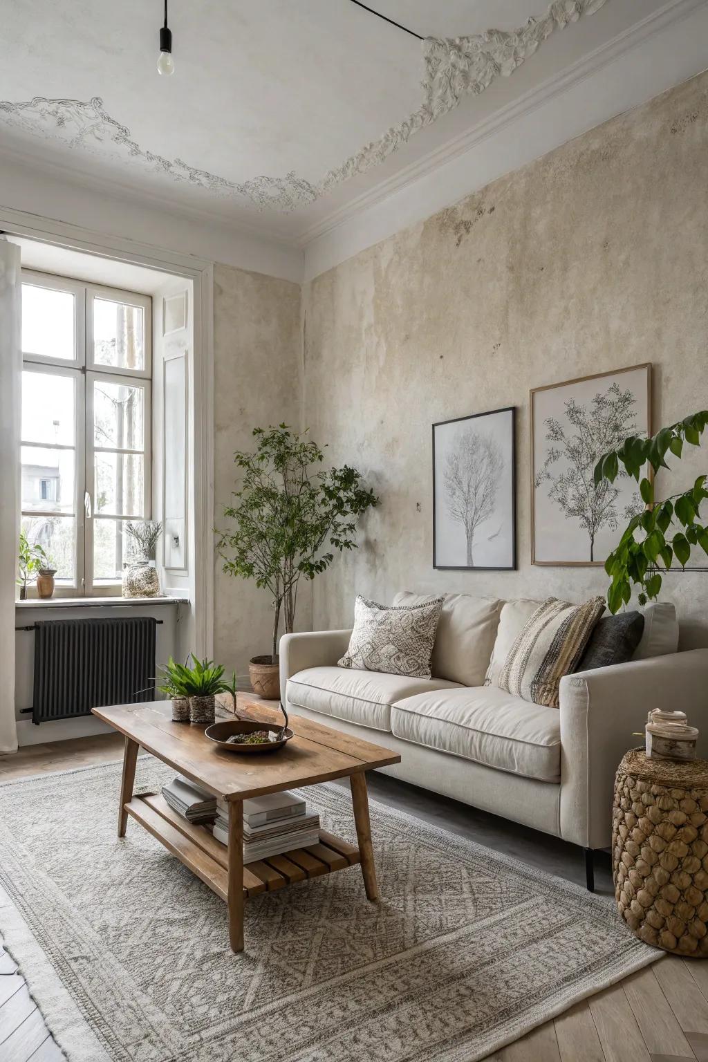 Wall textures add depth and interest to the Scandinavian living room.