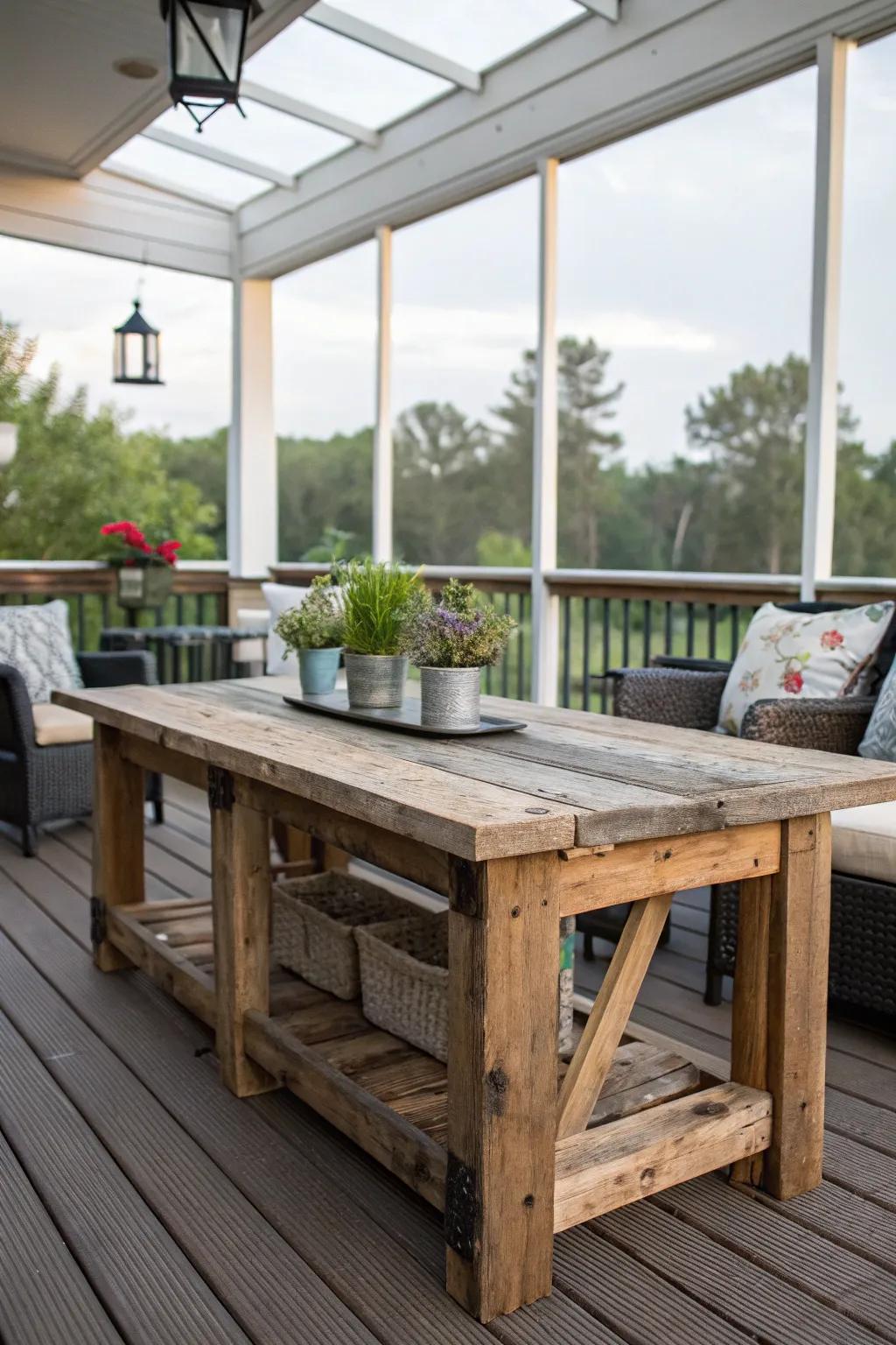A DIY stand crafted from reclaimed wood contributes rustic charm.