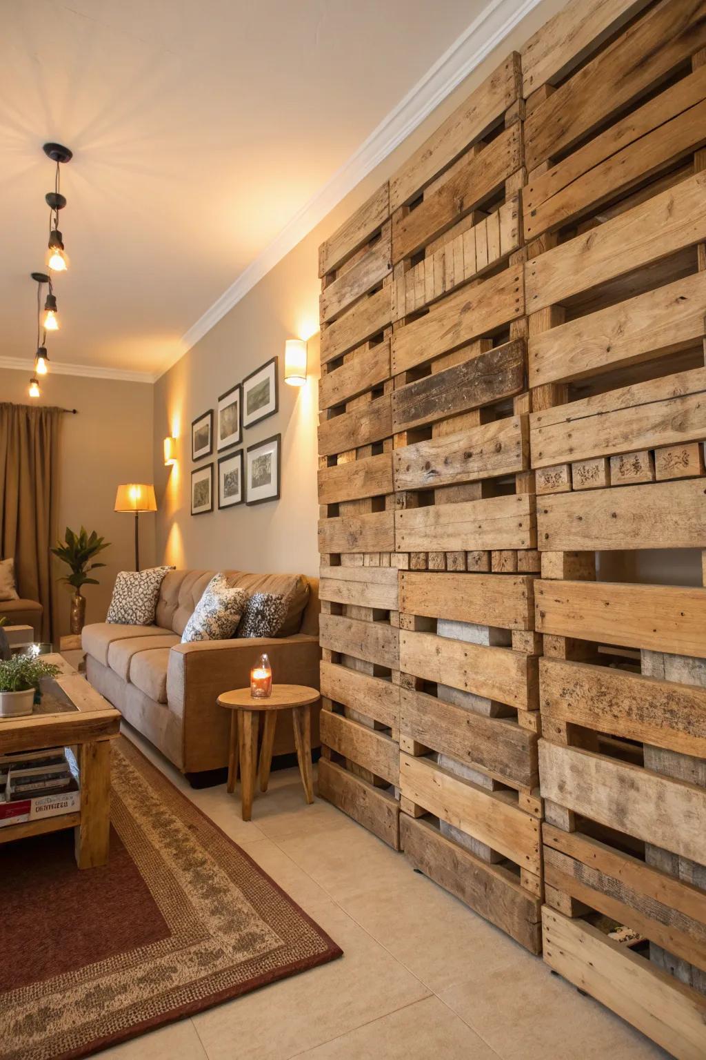 A wooden pallet wall offers down-to-earth appeal and warmth.