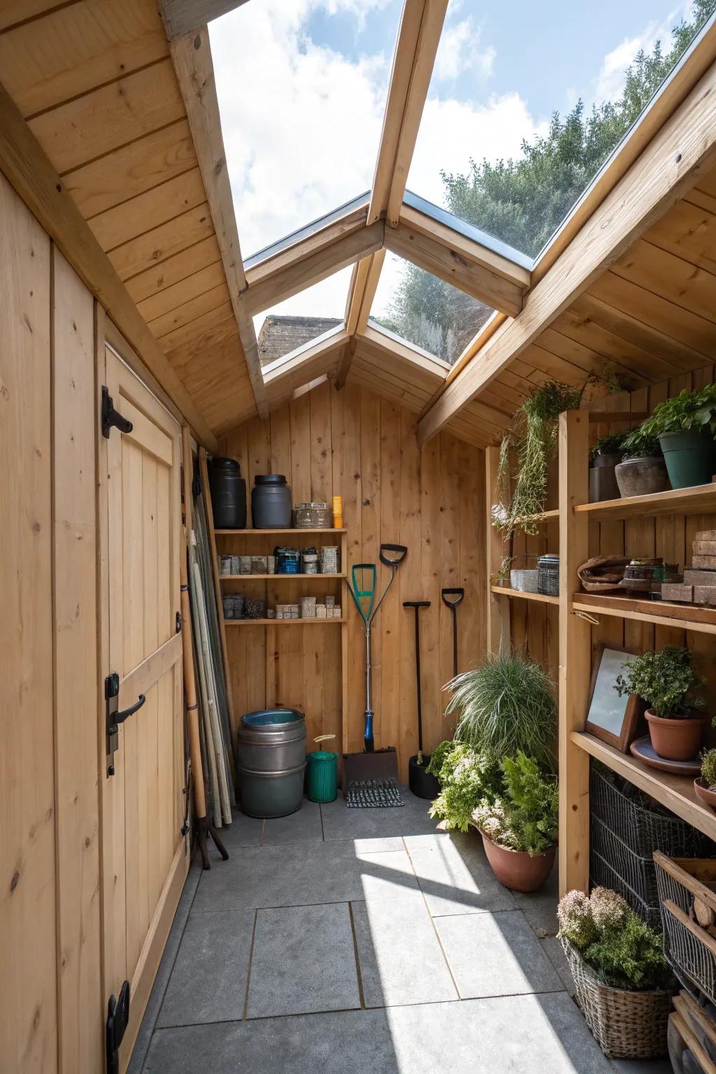 An outdoor shed featuring a skylight for abundant natural illumination.