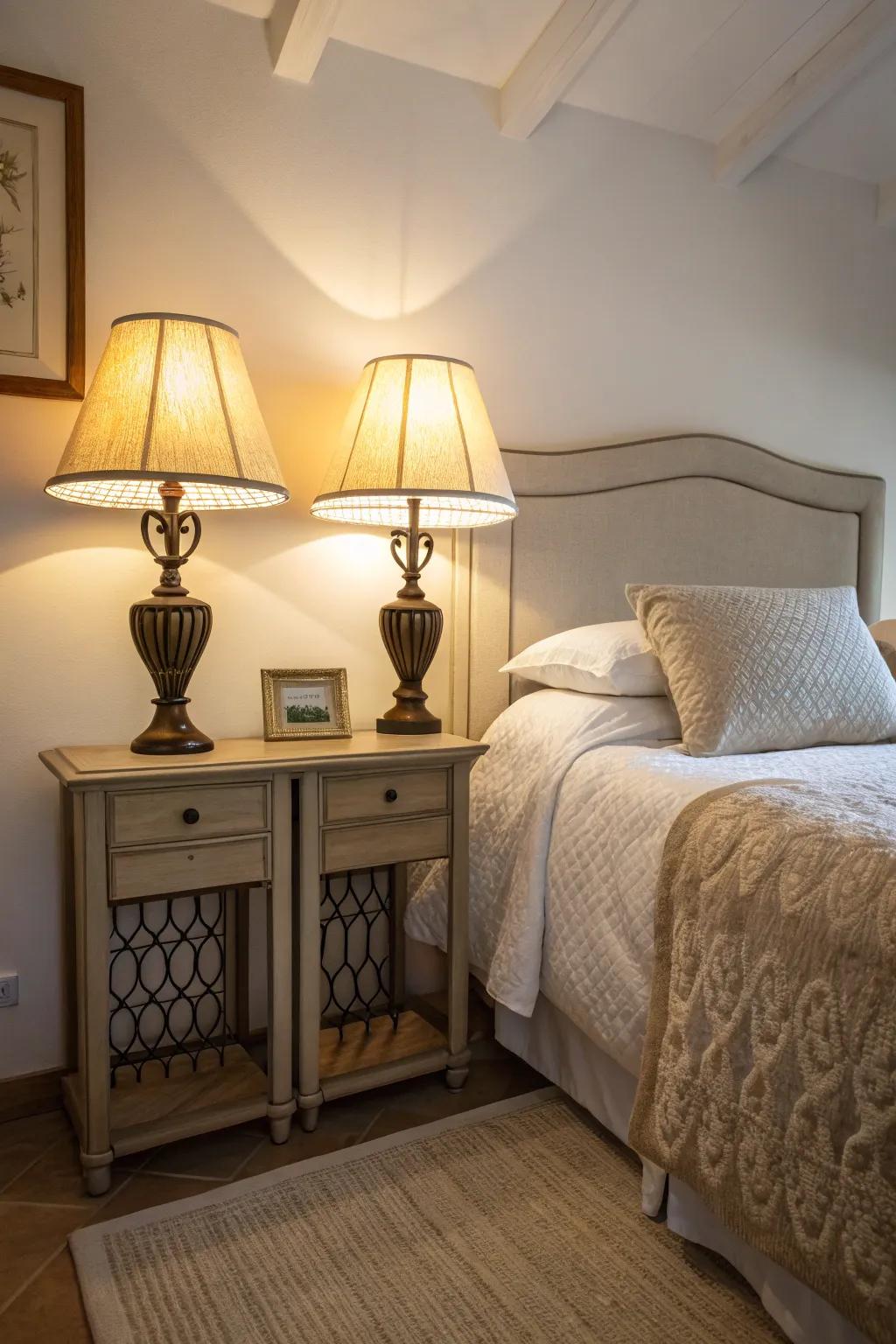 Bedside lamps create a serene and stylish bedroom retreat.