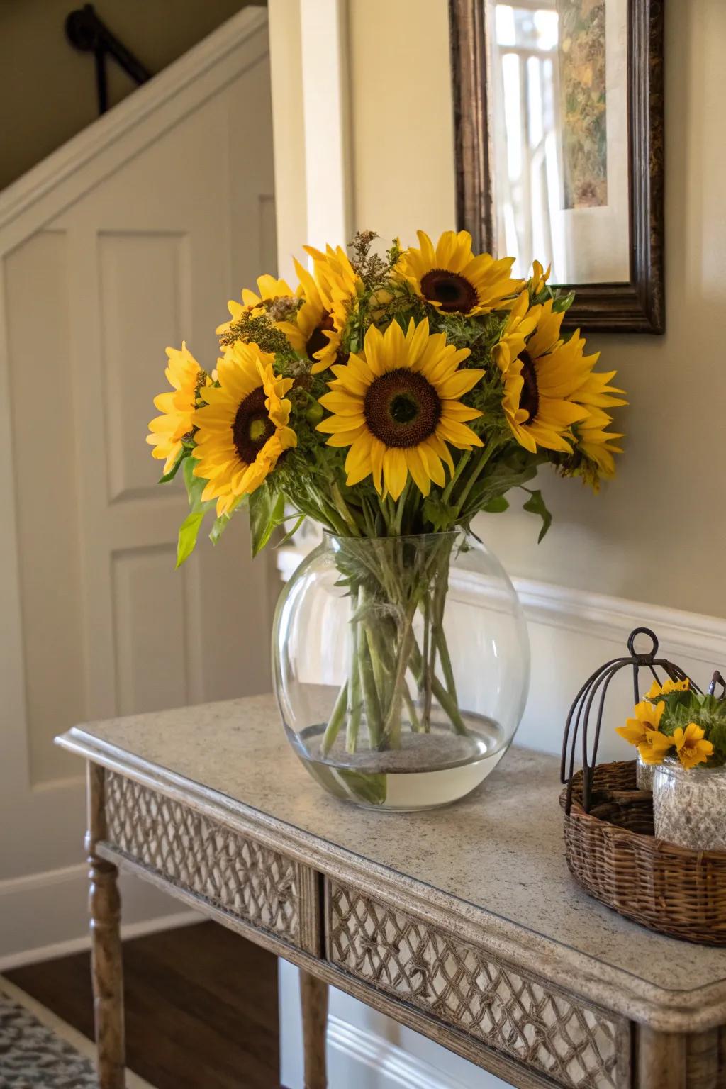 A clear glass bowl provides a modern touch to sunflower arrangements.
