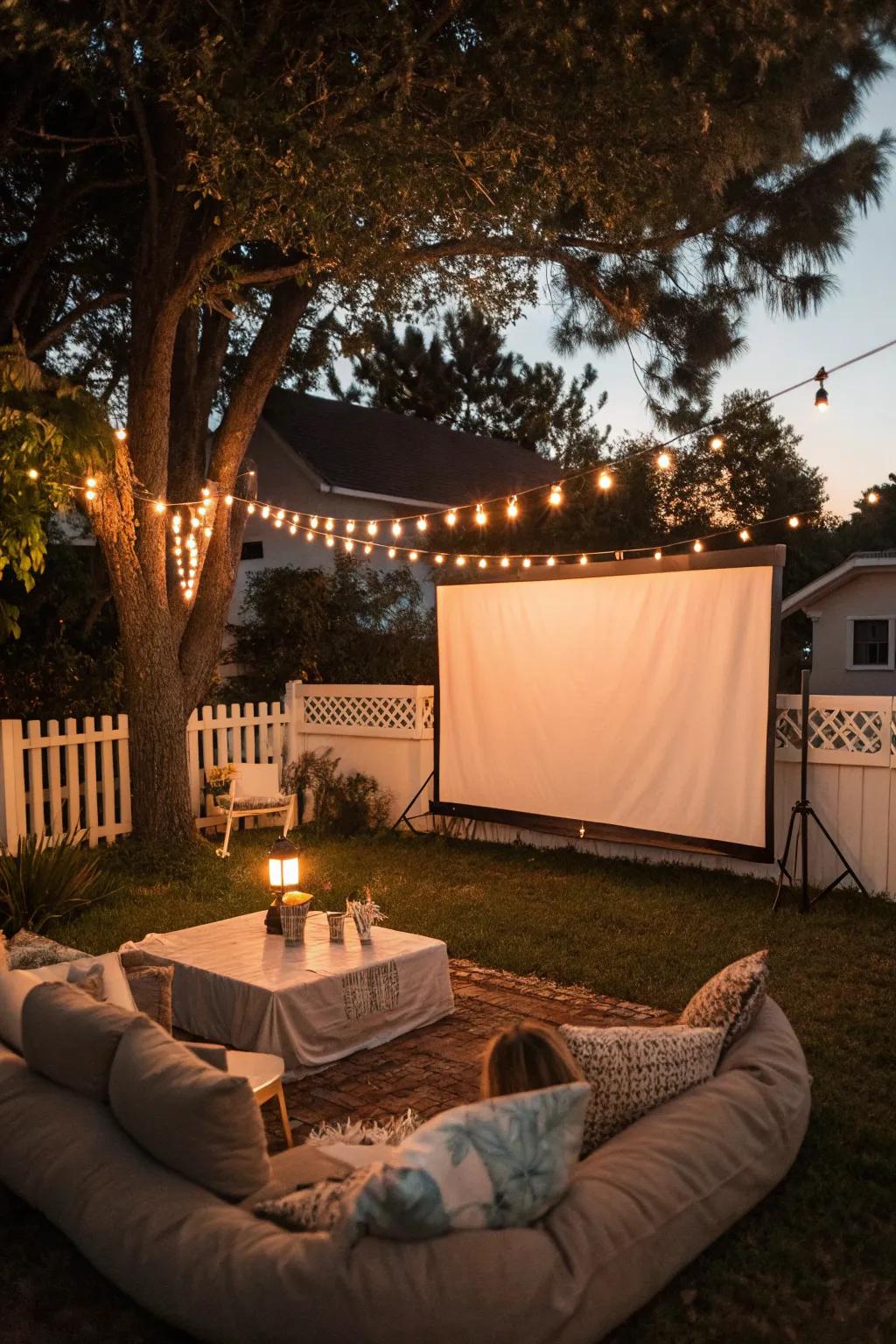 Enjoy a movie under the stars with a charming outdoor cinema setup.