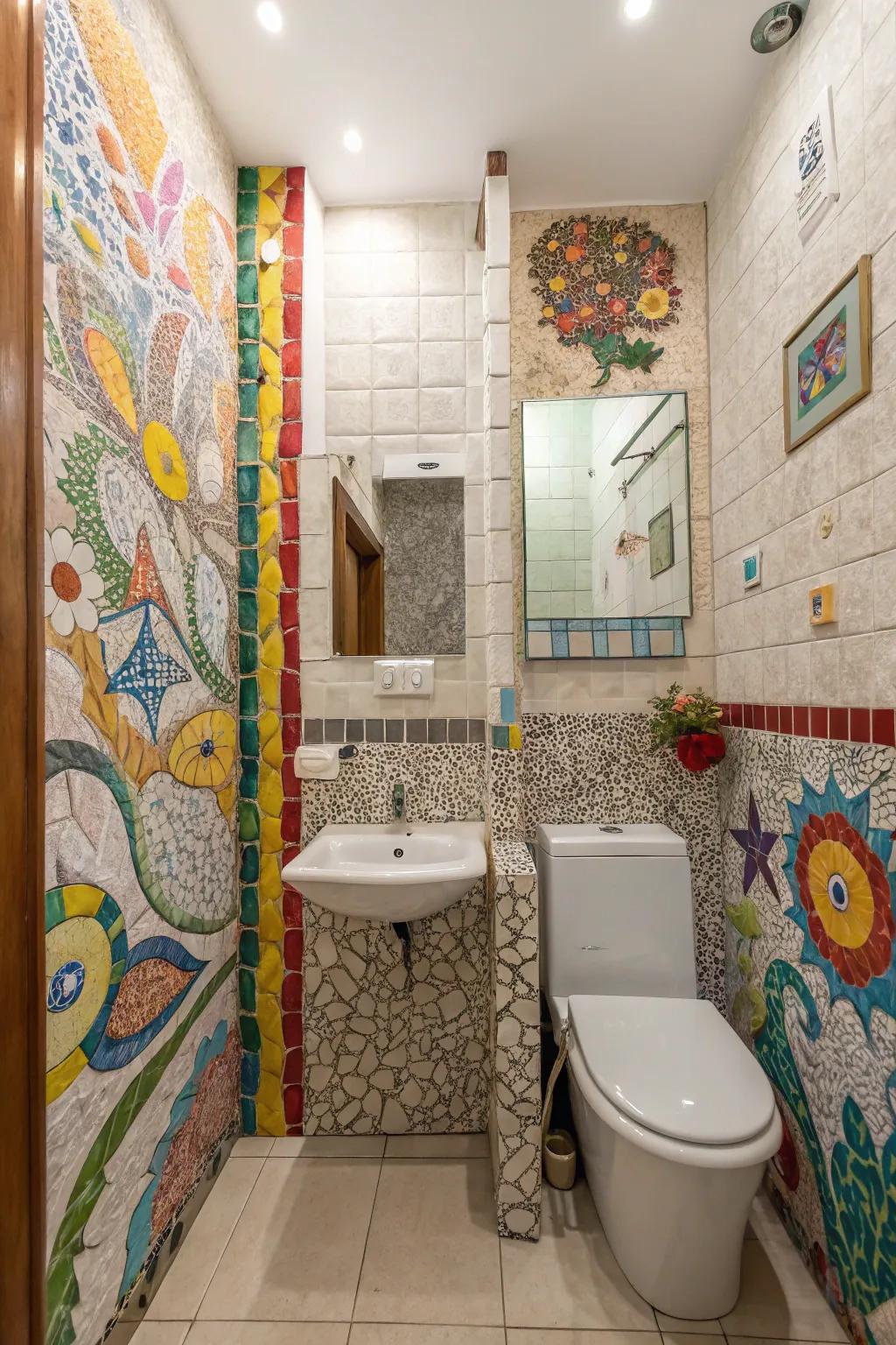 Mosaic boards transforming a small bathroom into an expressive art display.