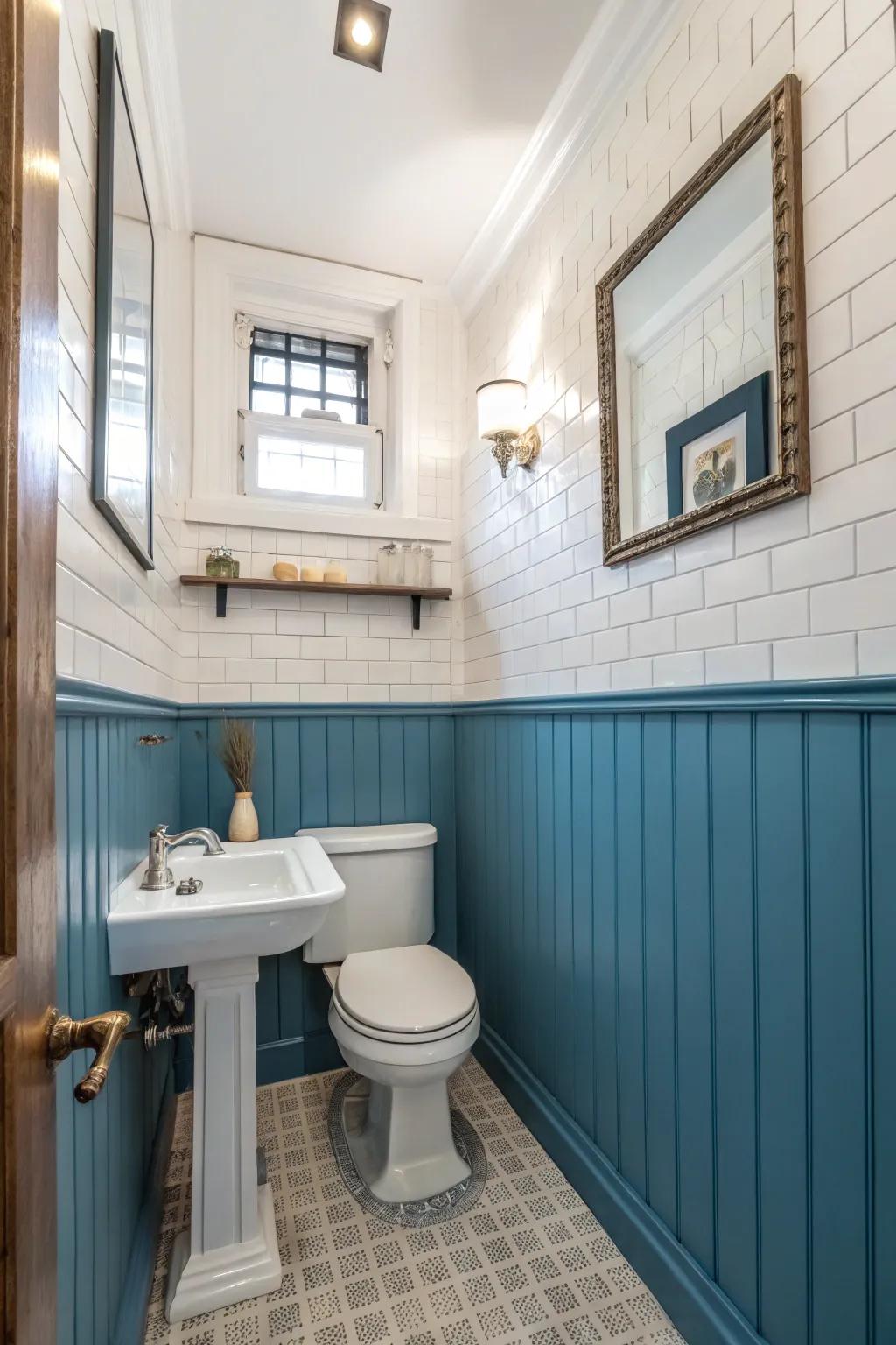 Blue paneling provides a classic and sophisticated element to the bathroom design.