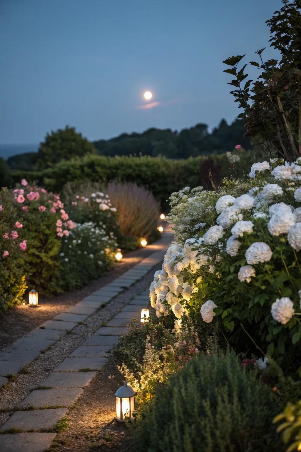 Moon splashed garden borders glow softly beneath the stars.