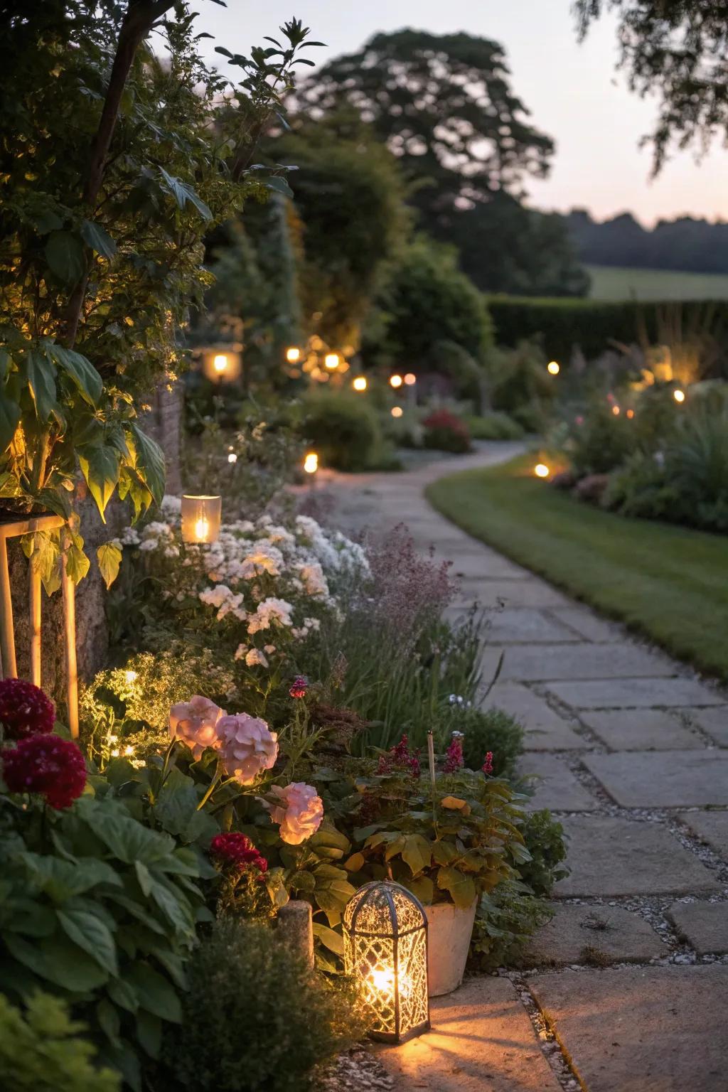 Garden lighting enhancing evening ambiance.