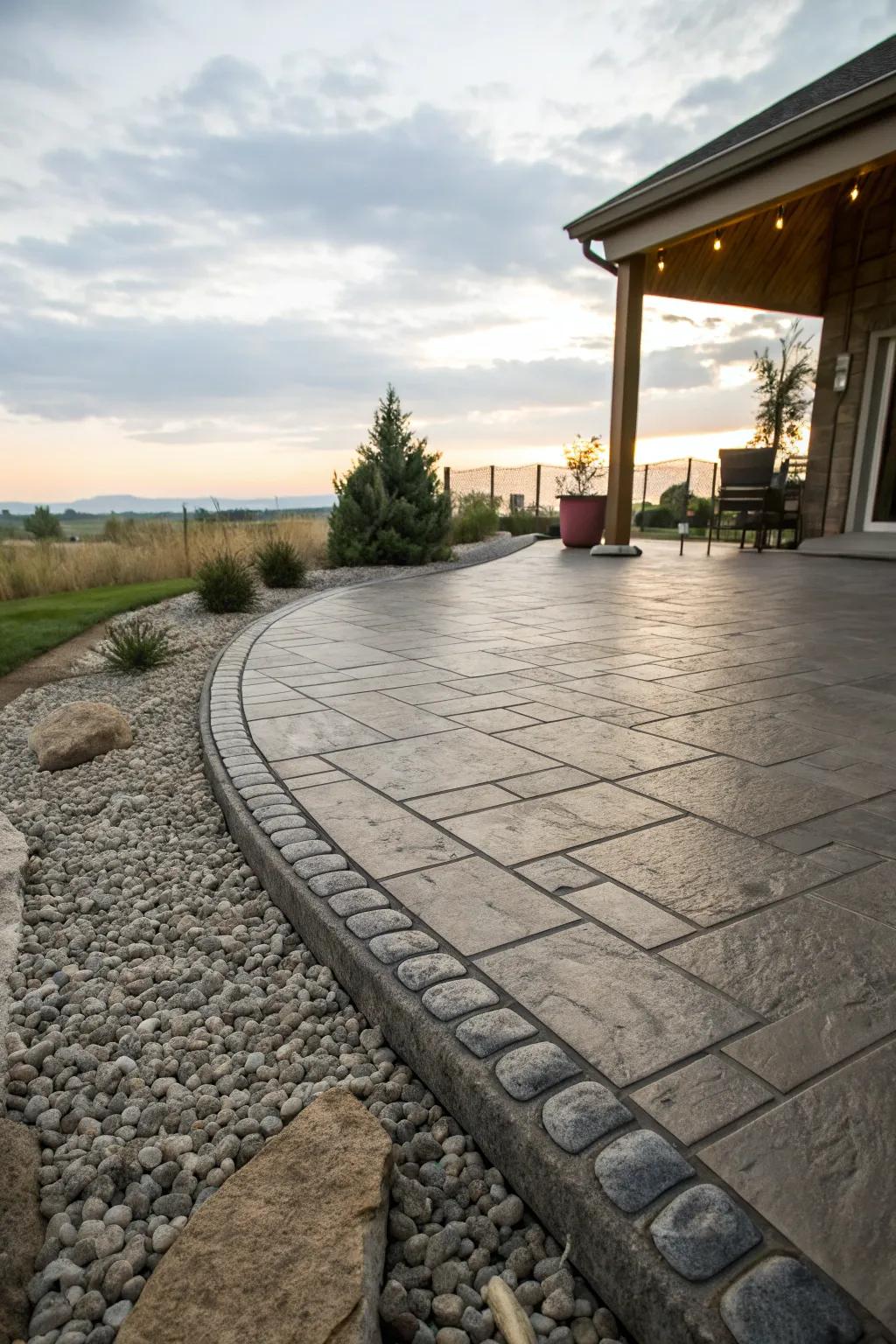 A stamped concrete patio outlined with graceful natural stone borders.