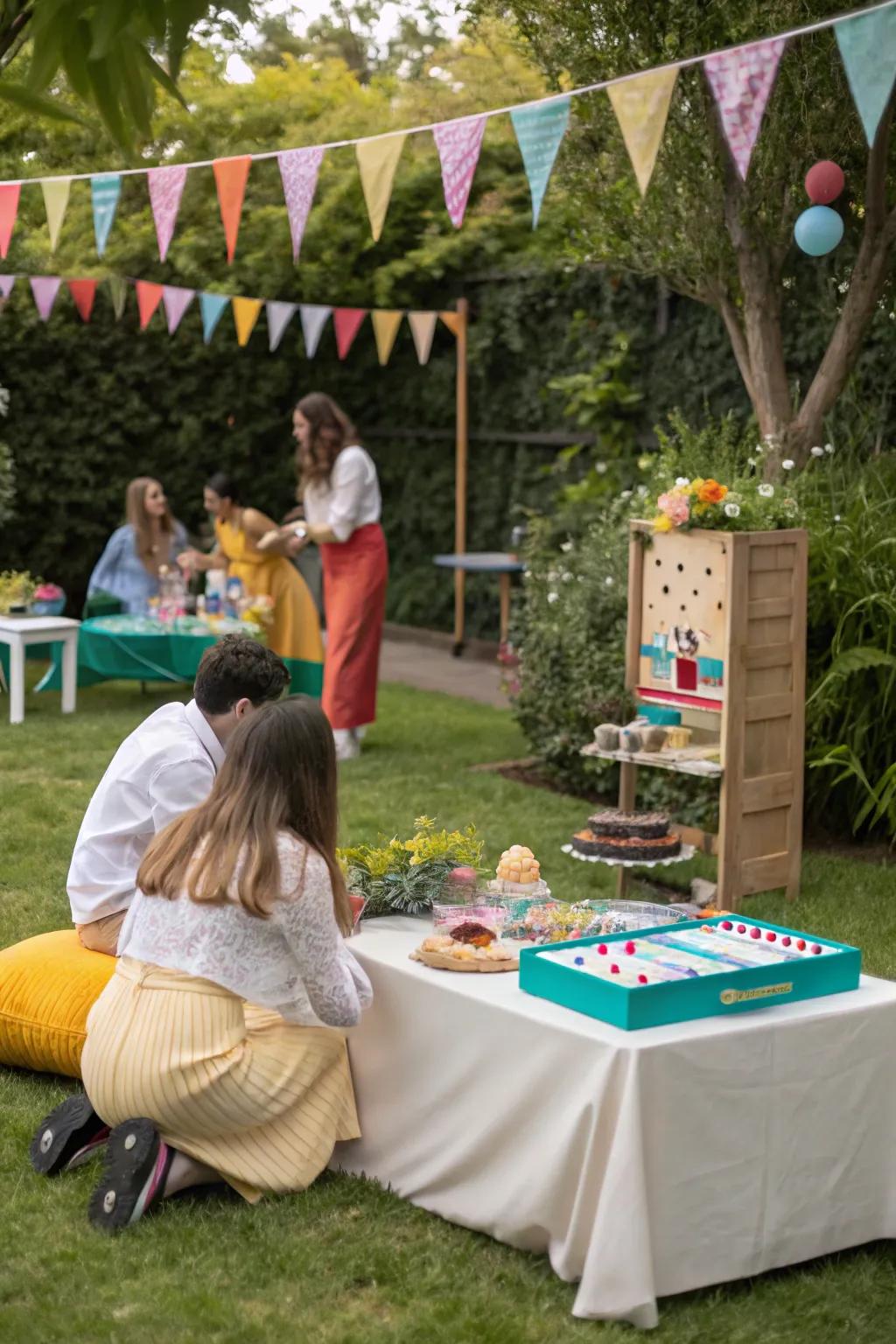 A garden party emphasizing a hidden dessert selection.