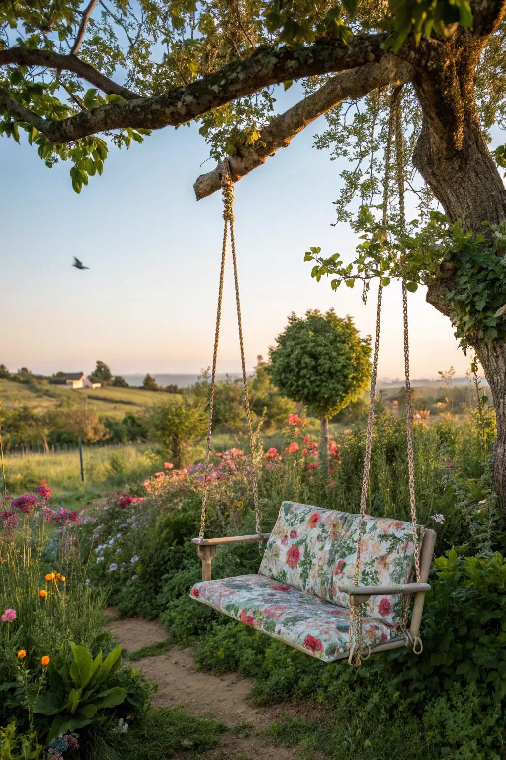 A swing crafted from recycled materials showcases eco-friendly creativity.