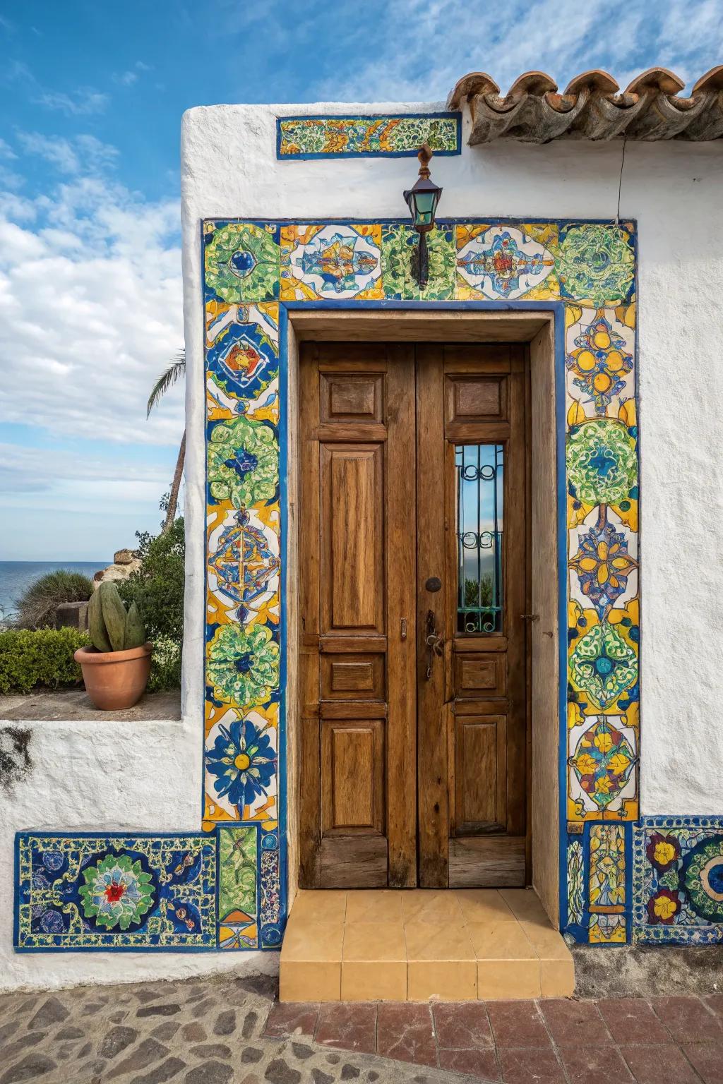 Welcome guests with a dynamically framed Andalusian ceramic door.