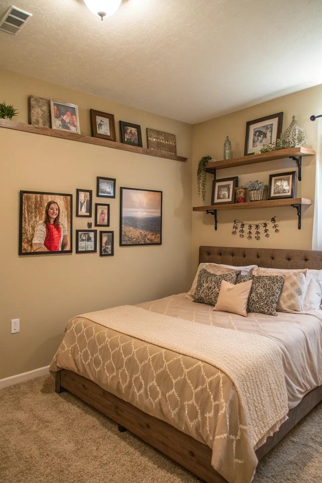 Personalized decor touches make the beige bedroom feel uniquely yours.