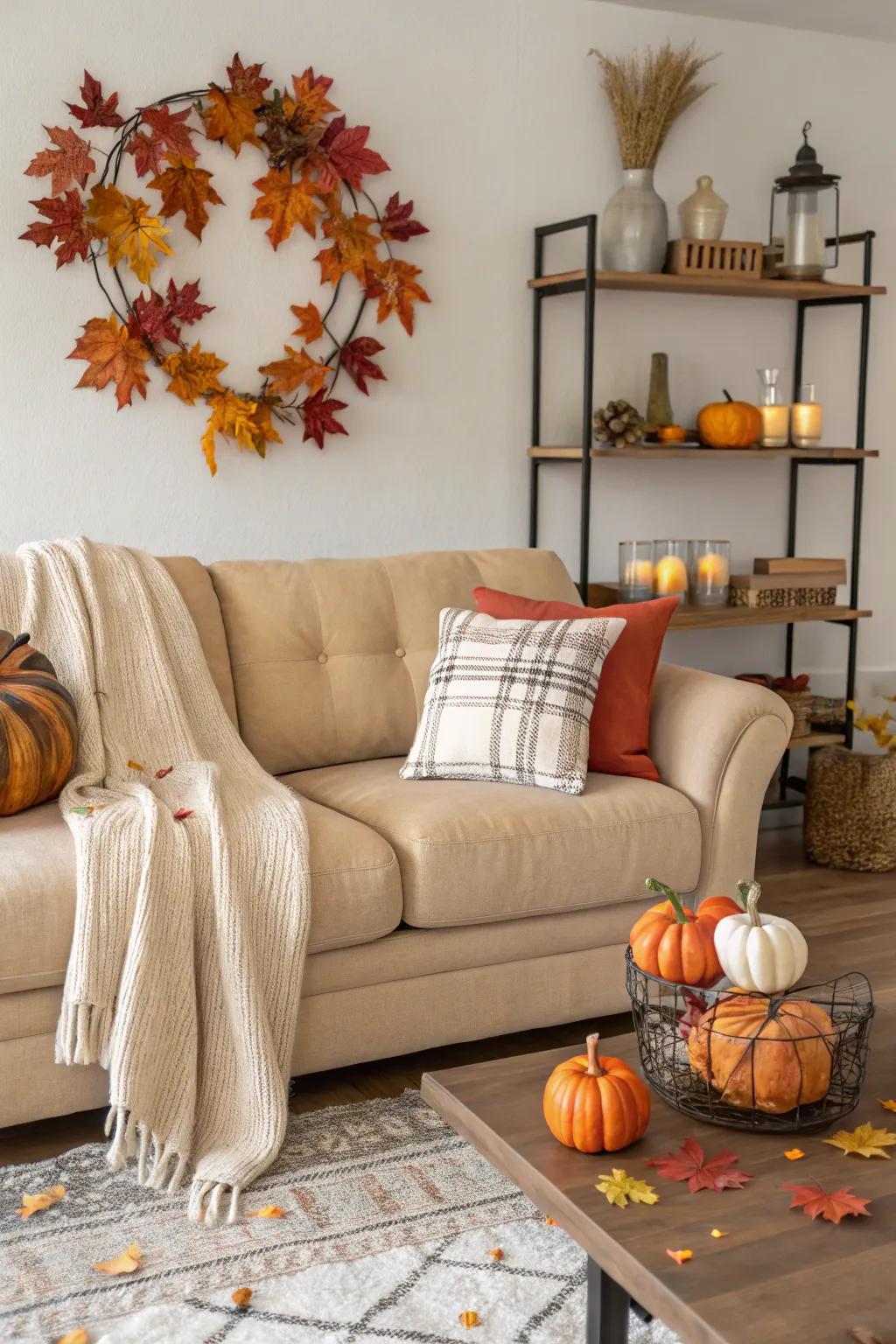 Seasonal decor keeps the living room fresh and adaptable.