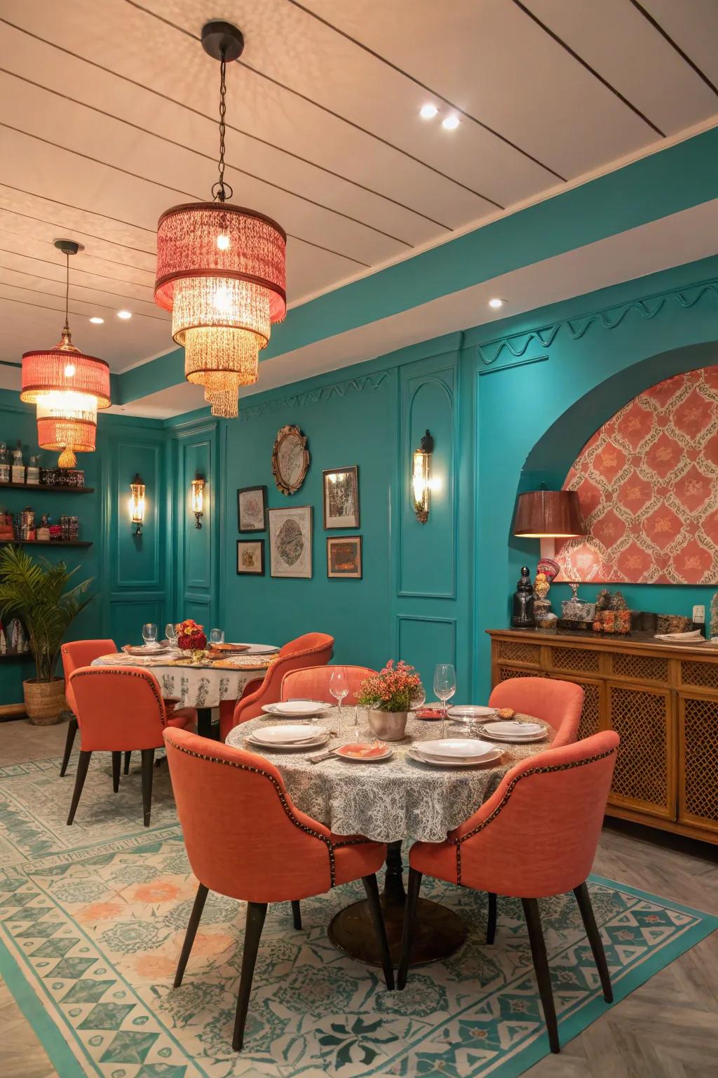 Teal and coral create a vibrant, playful dining room