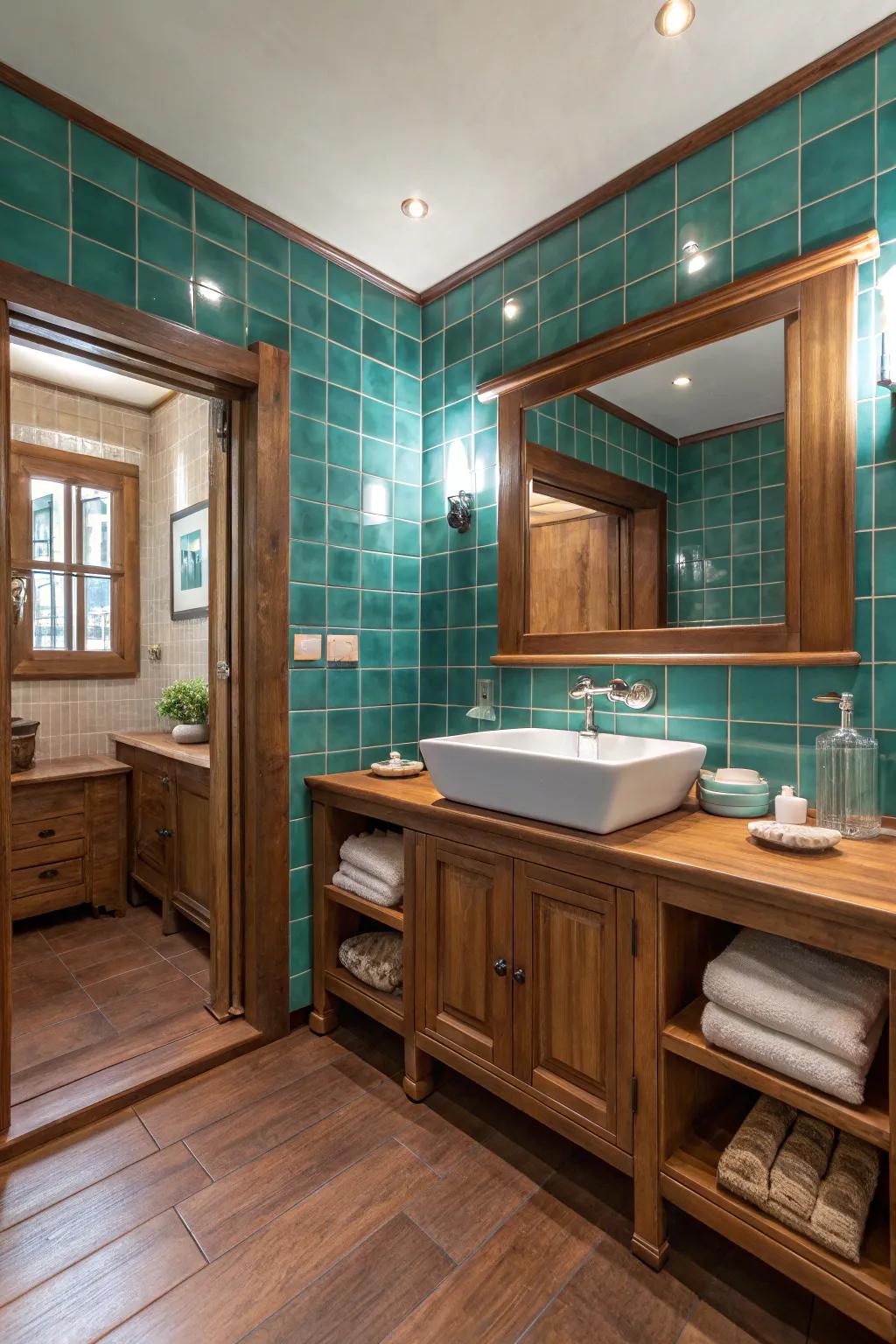 Turquoise tiles and wood colors mix for a natural yet contemporary feel.