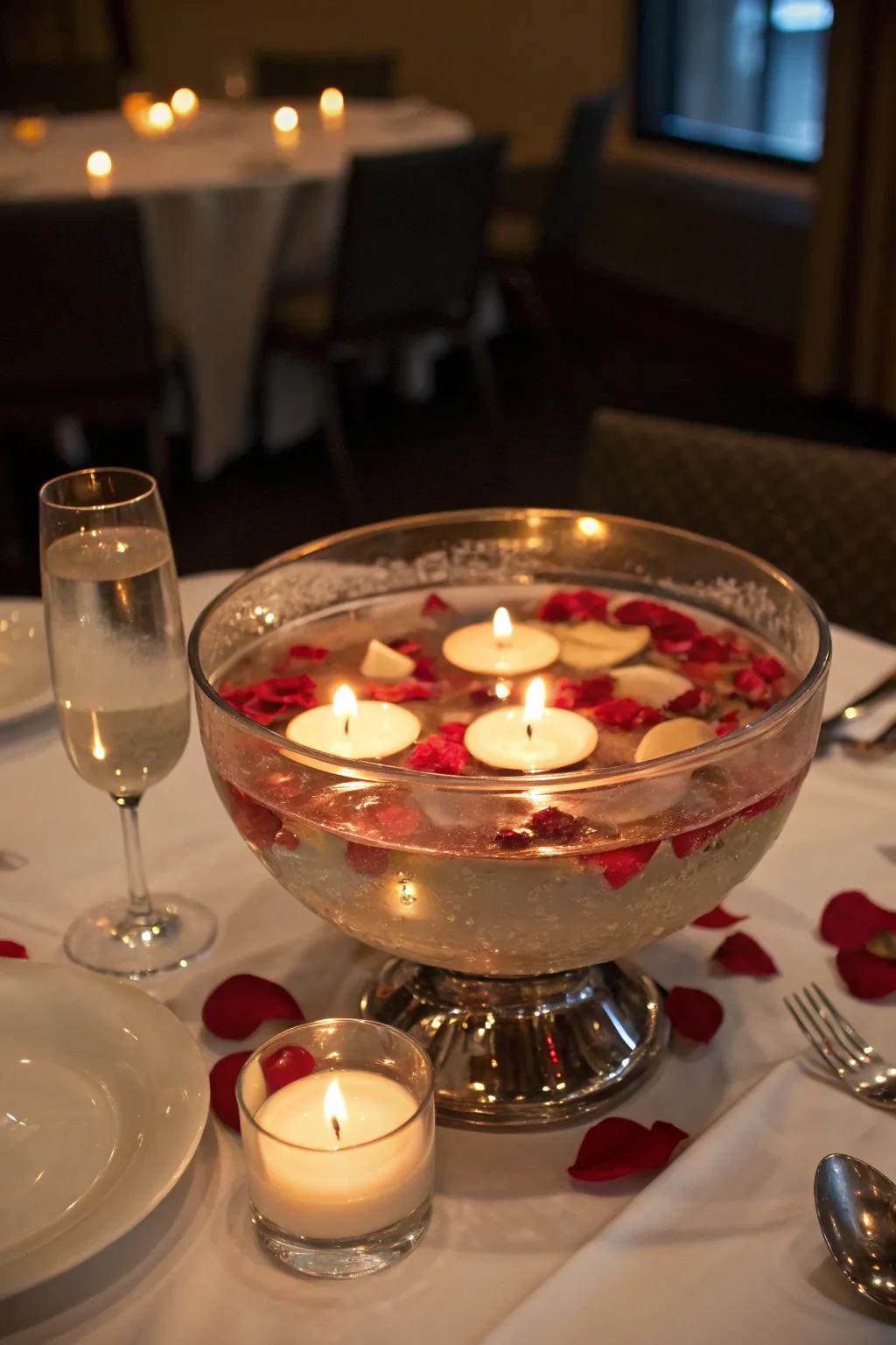 A trifle bowl offering a serene and romantic floating candle display.