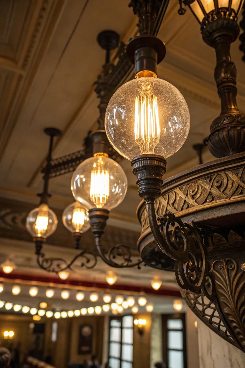 Classic bulbs complete the Mediterranean lighting aesthetic.